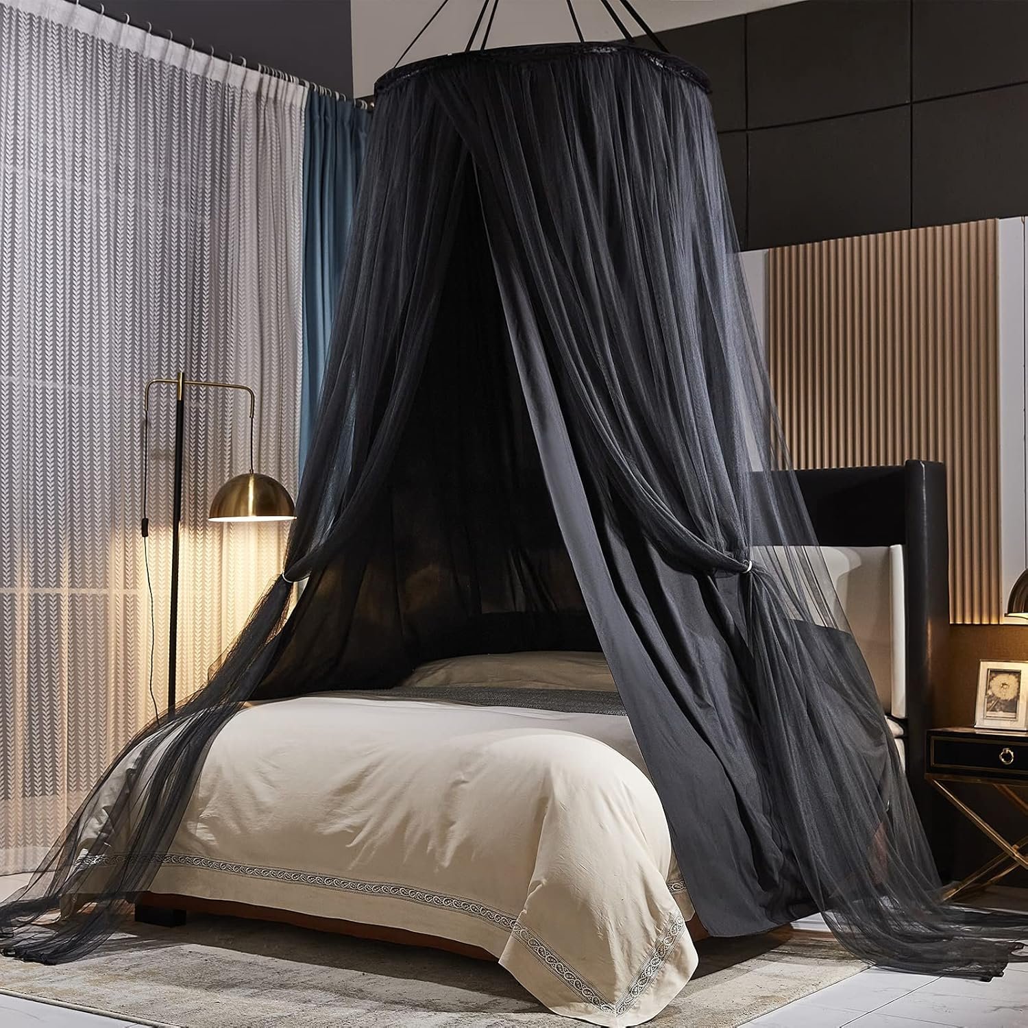 Kertnic Luxurious Bed Canopy for Girls & Adults – Double Layer Princess Canopy with Lace, Round Dome Mosquito Netting for Queen/King Bed Tent (Black)