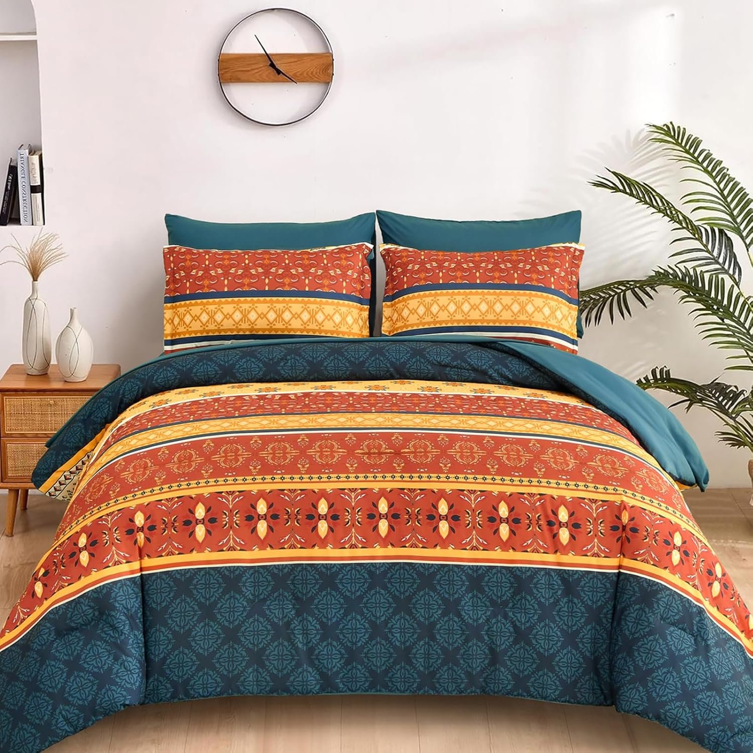 WONGS BEDDING Boho Comforter Set King Size,7 Pieces Bed in a Bag Bohemian Striped Bedding Set,Burnt Orange Paisley Floral Comfortet and Sheet Set,Soft Microfiber Bedding Sets for All Season