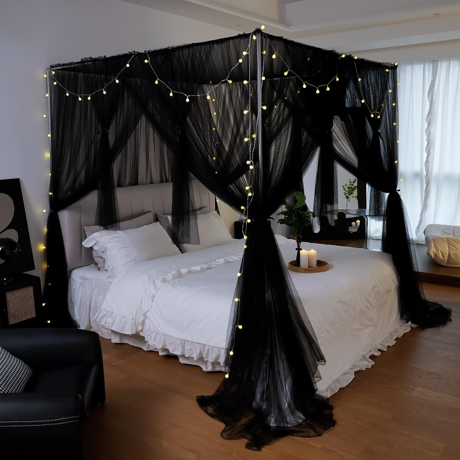 Canopy Bed Curtains – 4 Corners Post Bed Canopy Curtains for Girls & Adults, Bed Princess Bed Canopy Mosquito Net Bedroom Decoration Accessories – Black, Twin Size