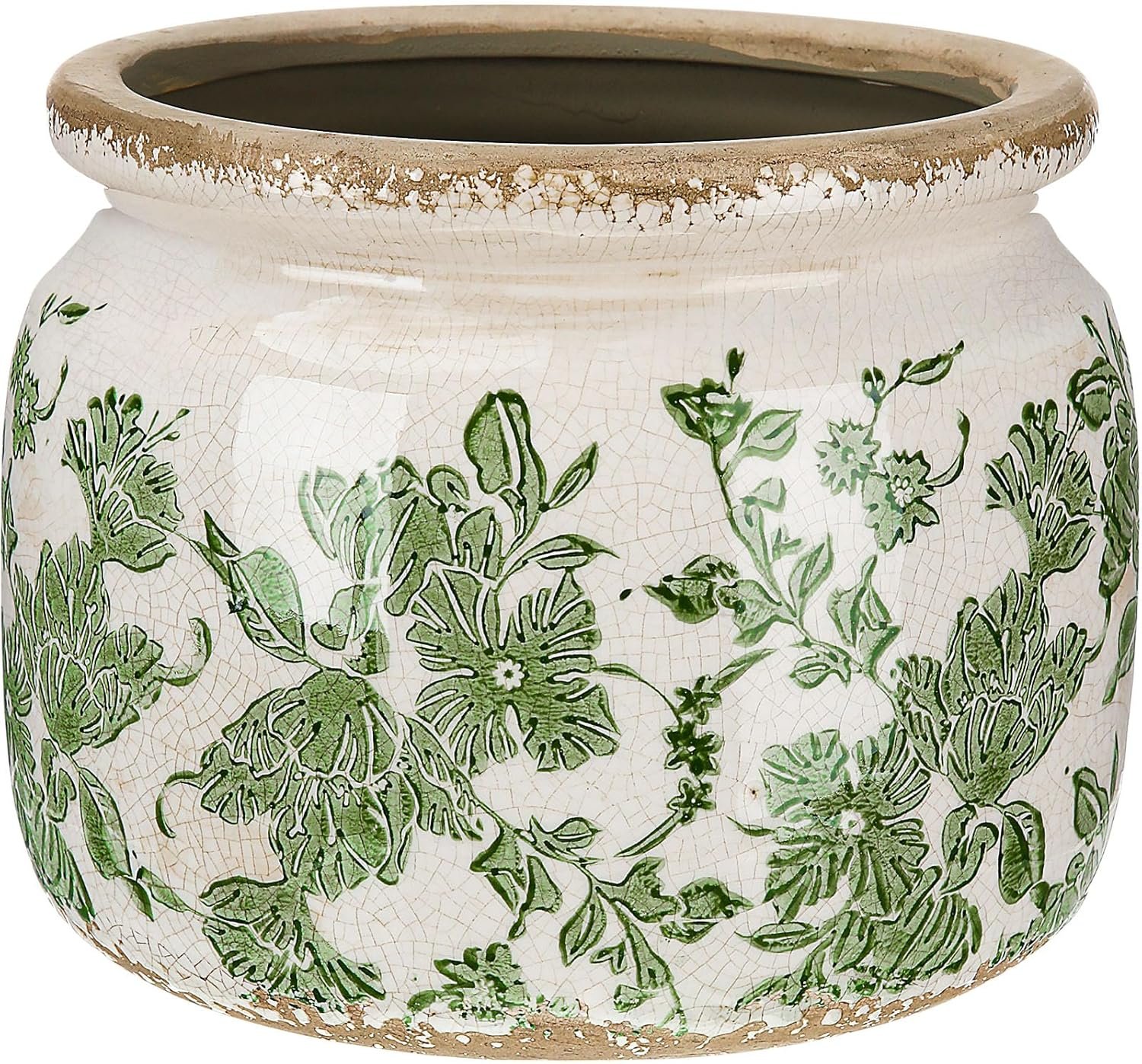 7.7″ Large Ceramic Plant Pot Beige Green Vintage Floral Crackle Glaze Rustic Flowers Pot Decorative Planter with Drainage for Indoor Outdoor Plants Home Kitchen Office Decor Gift