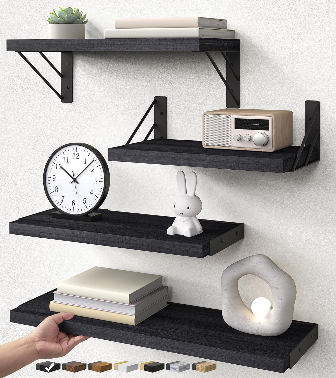 BAYKA Rustic Wood Floating Wall Shelves, Wall Mount Storage Organizer for Bedroom, Living Room, Kitchen, Bathroom & Office (Black, 16in, Set of 4)