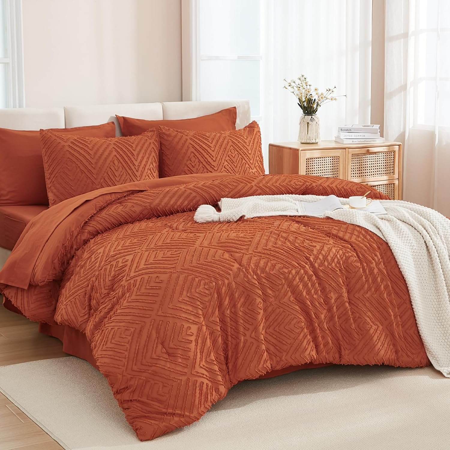 Andency King Size Comforter Set Burnt Orange – 7 Pieces Bed in a Bag King Boho Terracotta Bedding Comforter Sets, Rust Tufted Bed Set with Comforter, Sheets, Pillowcases & Shams