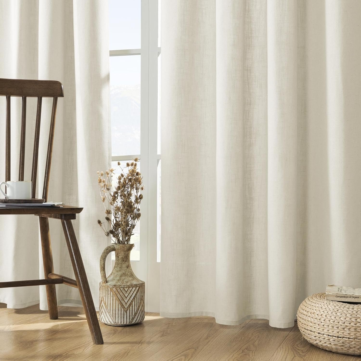 Joydeco Linen Curtains 96 inch Length 2 Panel Set, Light Filtering Curtain for Living Room Bedroom, 52 inch Wide Drapes with Rod Pocket Back Tab (96″ Lx52 W, Ivory on Linen)