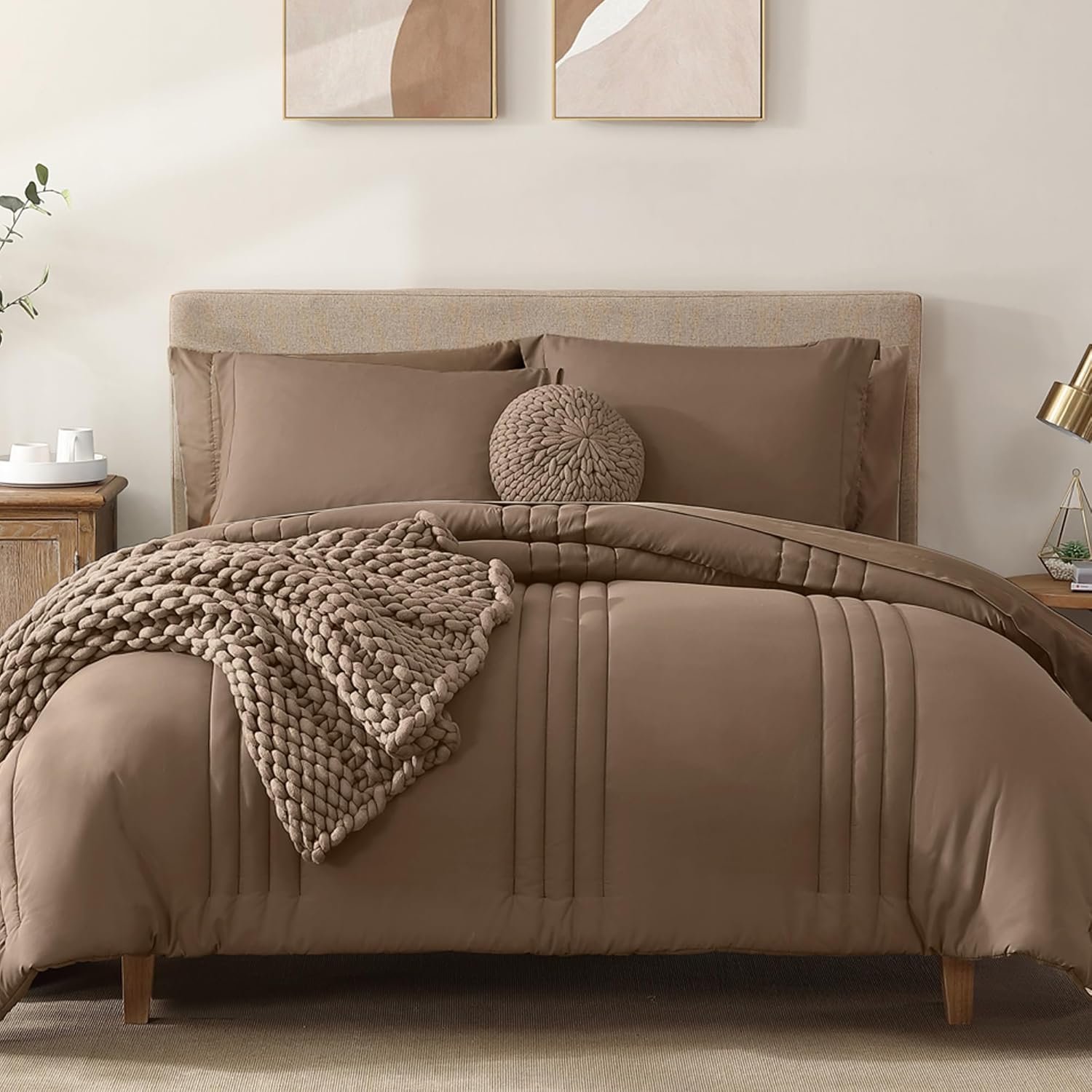 Monbix King Size Comforter Set – 7 Pieces Bed in a Bag King, Raw Umber King Bedding Sets with Comforter, All Seasons Comforter Bed Set with Sheets, Pillowcases & Shams