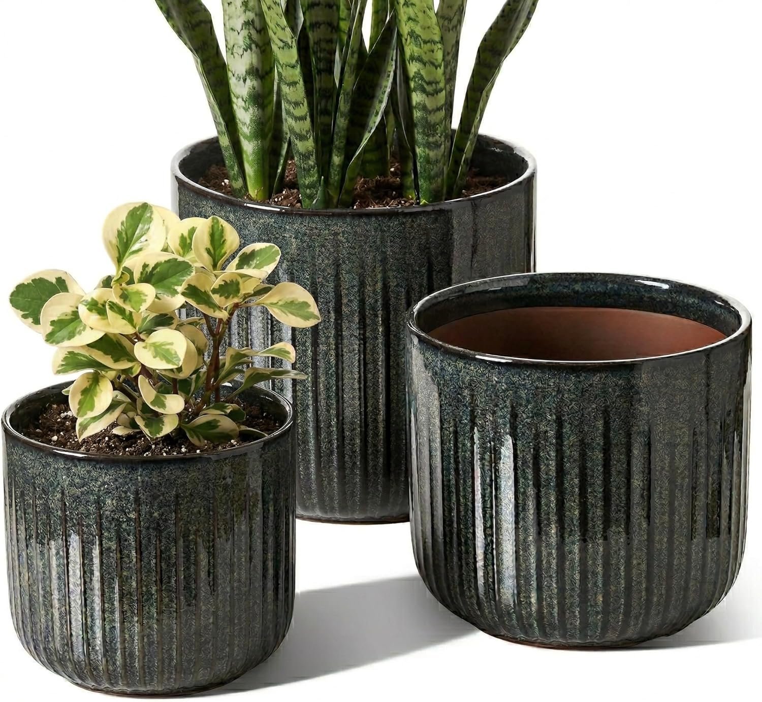 LE TAUCI Ceramic Pots for Plants, 8.3/7/6 Inch Indoor Planters with Drainage Holes & Mesh, Modern Glossy Glaze Cylinder Fluted Plant Pot for Snake Plant, Set of 3, Dark Olive