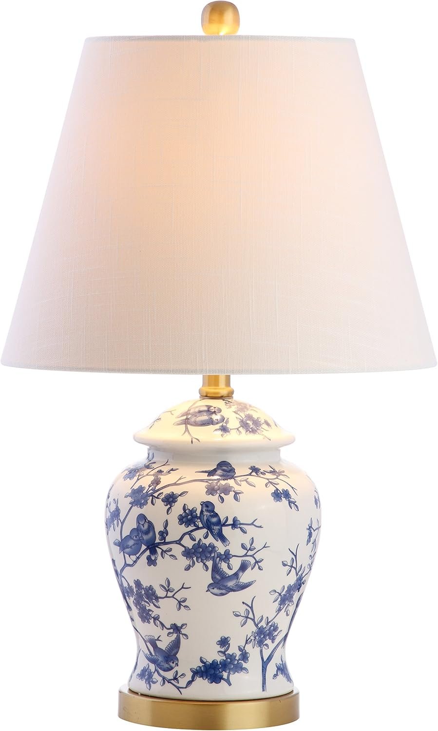 JONATHAN Y 22″ Blue/White Ceramic Table Lamp, French Country Chinoiserie Ginger Jar LED Bedside Lamp for Living Room Bedroom, White Linen Shade, JYL3005A