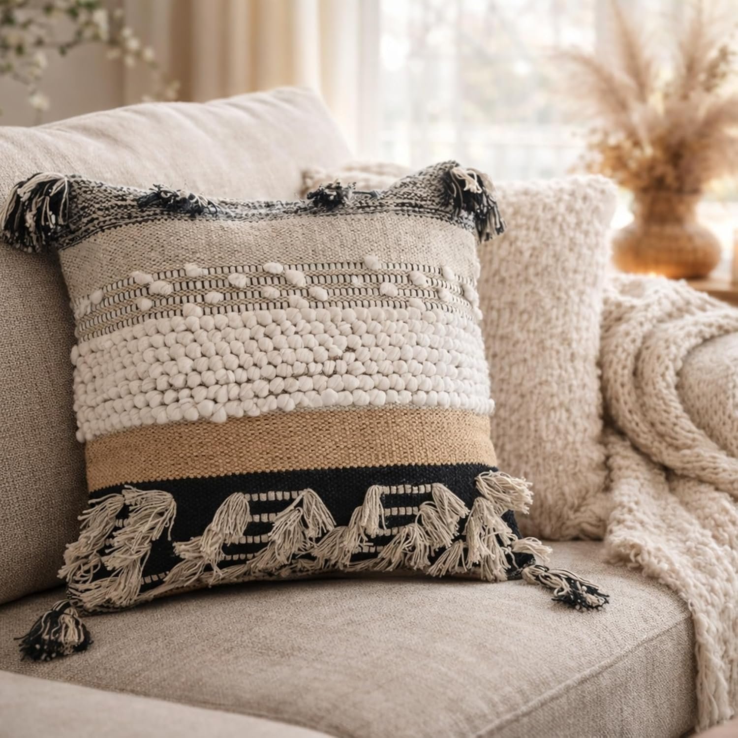 Throw Boho Pillow Cover, 18”x18” Bohemian Moroccan Rustic Decorative Pillows with Tufted Accents, Plush Handwoven Cotton, Textured Woven Neutral Farmhouse Scandinavian Home Decor