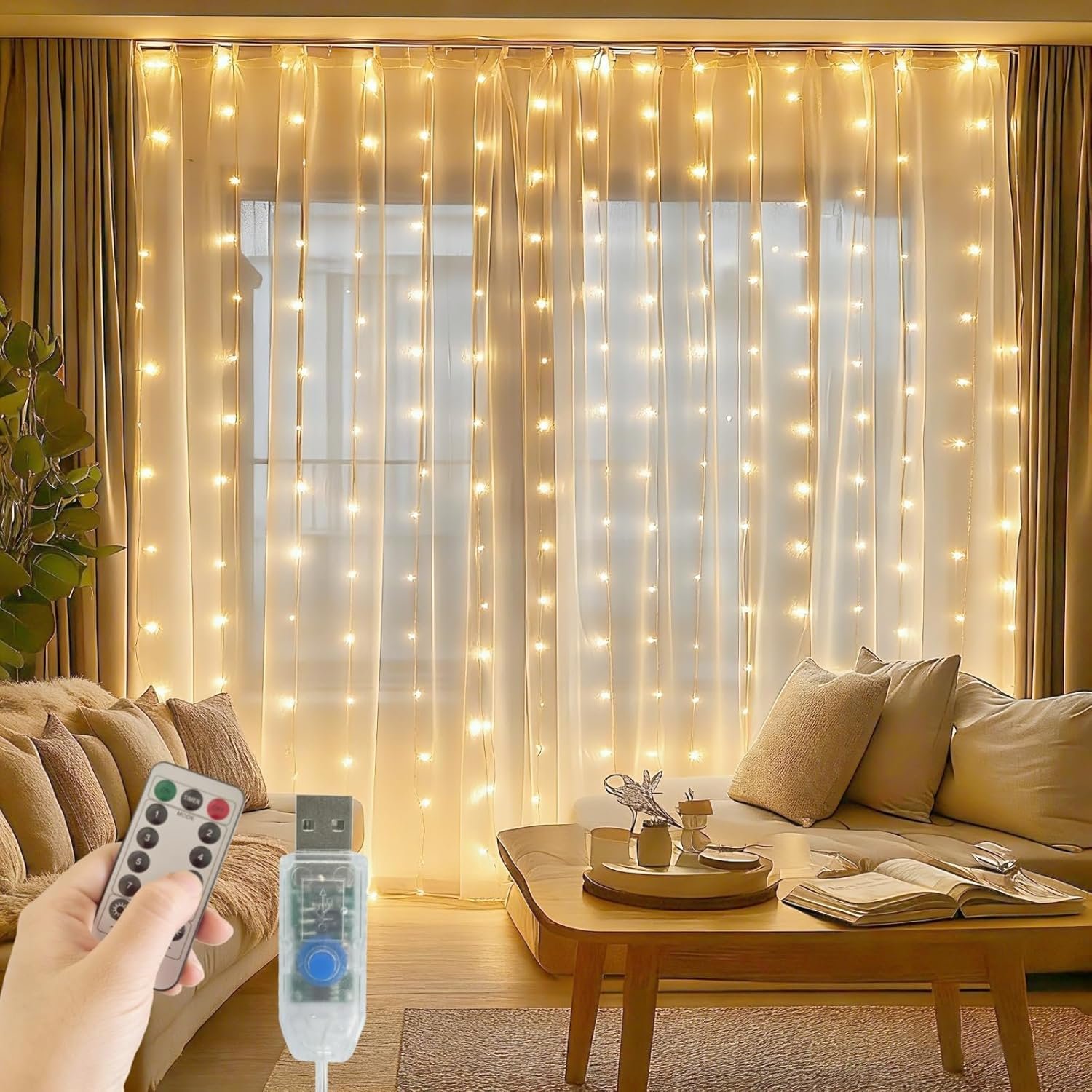 Fairy Curtain Lights, 200 LED Upgraded Tangle-Free Hanging Lights with Remote, USB Plug in String Lights for Bedroom Wall Window Wedding Party Xmas Home Décor – 6.6 x 6.6 Ft, Warm White