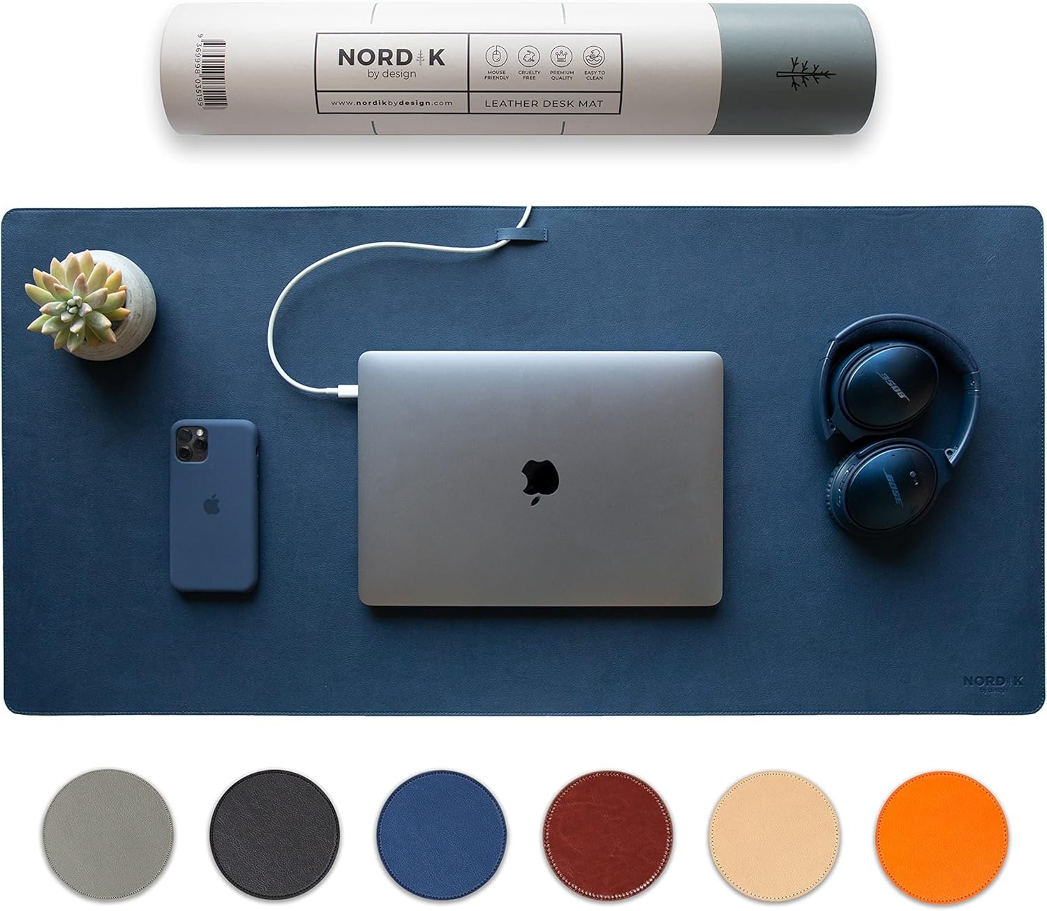 Nordik Leather Desk Mat Cable Organizer (Midnight Blue 35 x 17 inch) Premium Extended Mouse Mat for Home Office Accessories – Felt Vegan Large Leather Desk Pad Protector & Desk Blotter Pads Decor