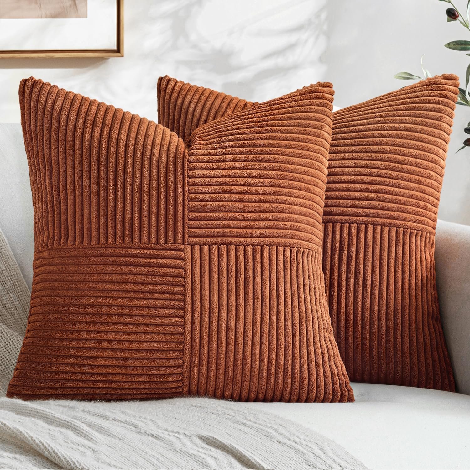 MIULEE Rust Boho Decorative Throw Pillow Covers 18×18 Inch for Couch Bed Sofa Pack of 2, Terracotta Fall Farmhouse Earth Tones Home Decor, Soft Corss Corduroy Patchwork Textured Cushion Cases