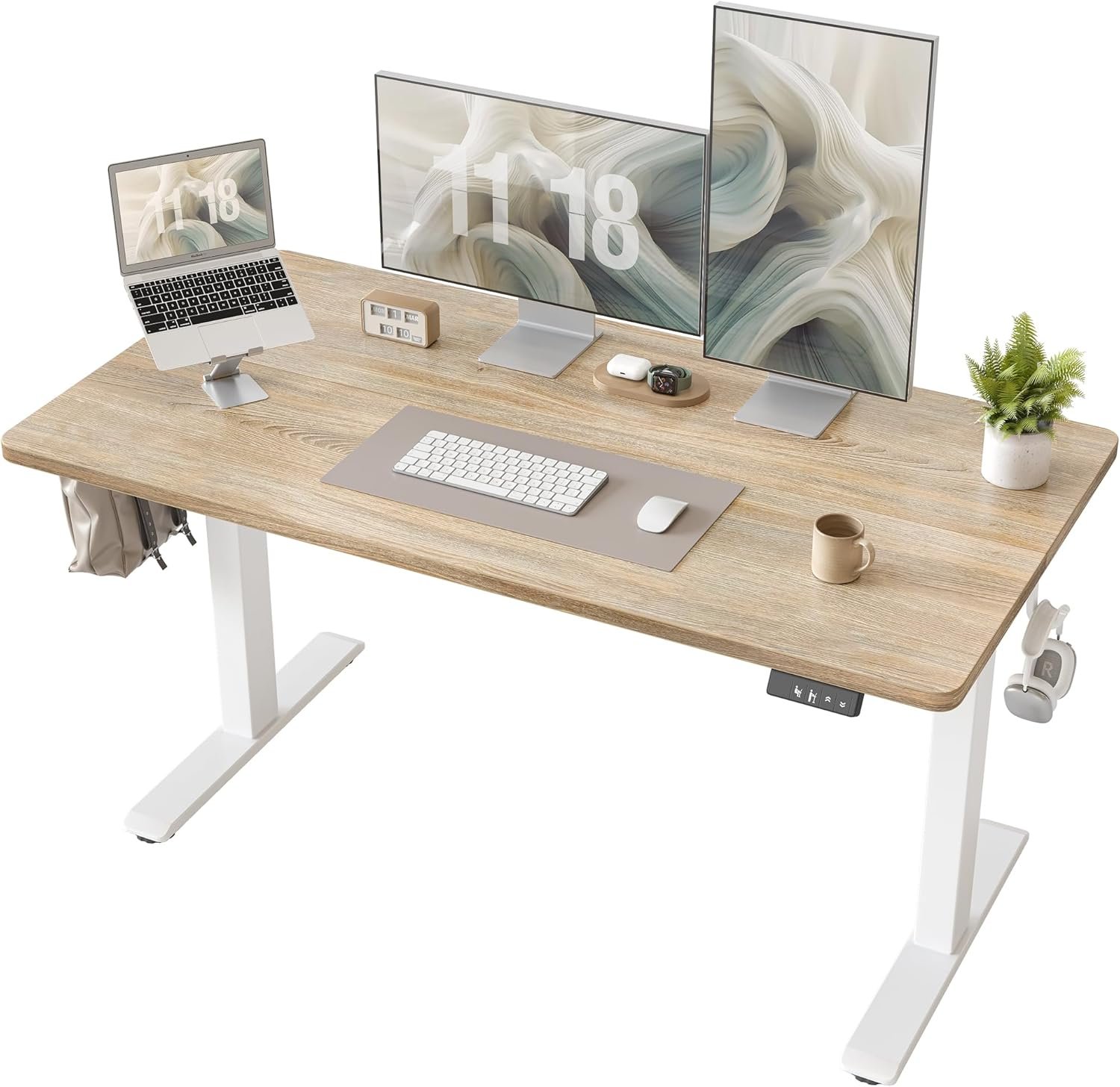 TIQLAB Electric Height Adjustable Standing Desk 47.2×23.6 inch, Sit Stand Desk for Work, Study, Memory Controller, White Frame & Maple Top Computer Workstation for Home Office