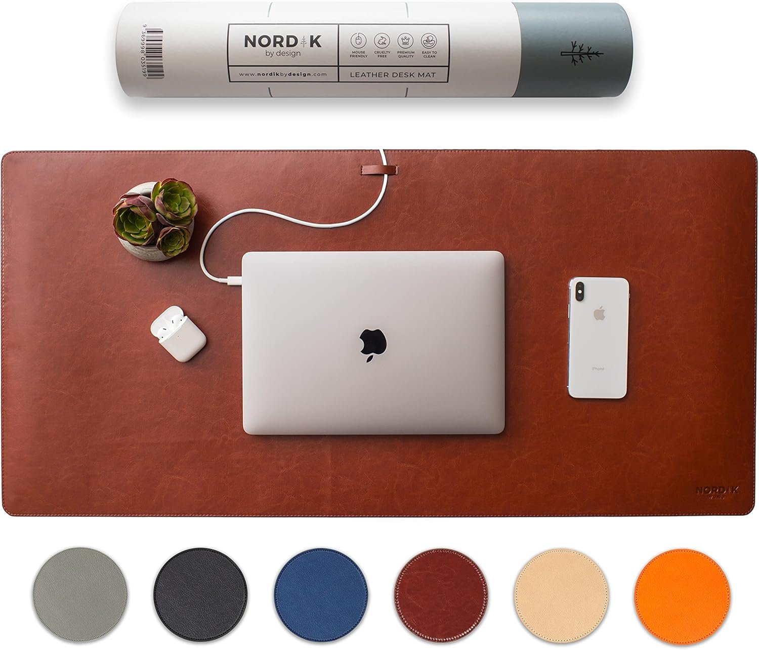 Nordik Leather Desk Mat – Whiskey Brown – Cable Organizer – Premium Mouse Mat & Desk Pad Protector – 35 X 17 Inch – Felt Vegan Leather – Large Office Mouse Pad & Blotter