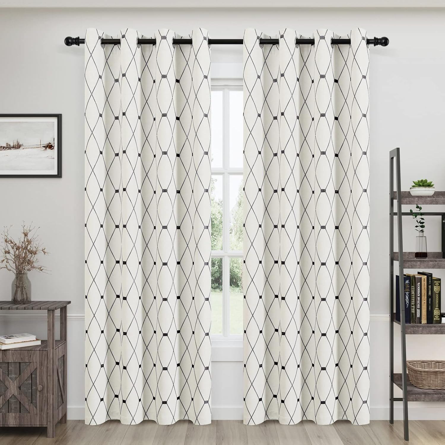 Joywell Black and White Linen Curtains 84 Inch Length 2 Panels Set for Living Room Grommet Embroidered Cream Burlap Sheer Black Curtain for Bedroom Modern Farmhouse Decor Drapes Beige Pattern 52×84
