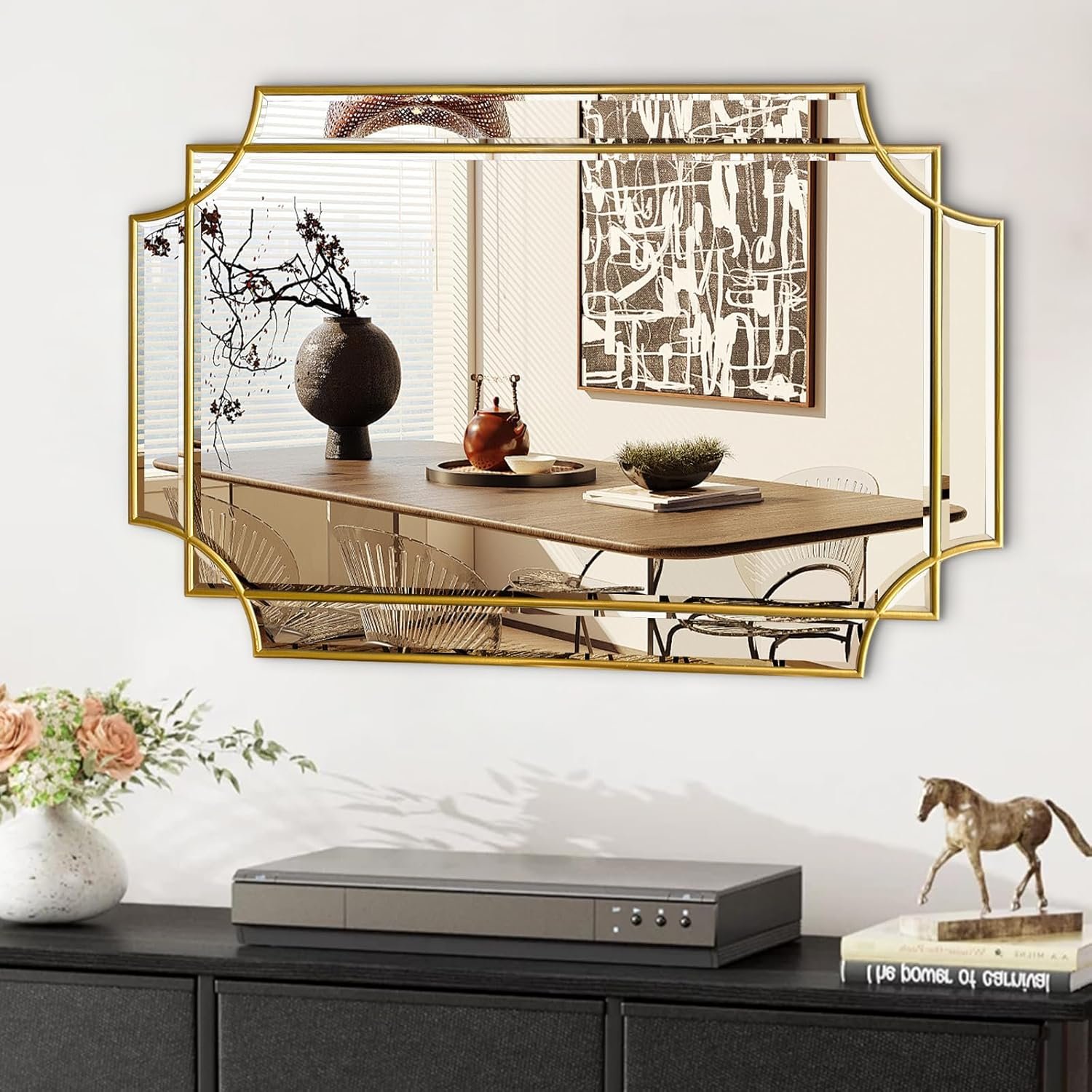 HQiJun Gold Mirror for Wall, 36×24 Gold Wood Framed, Scalloped Beveled Polished Rectangle Mirror, Large Decorative Mirrors for Wall Decor, Irregular Mirror for Living Room, Bathroom Vanity, Entryway
