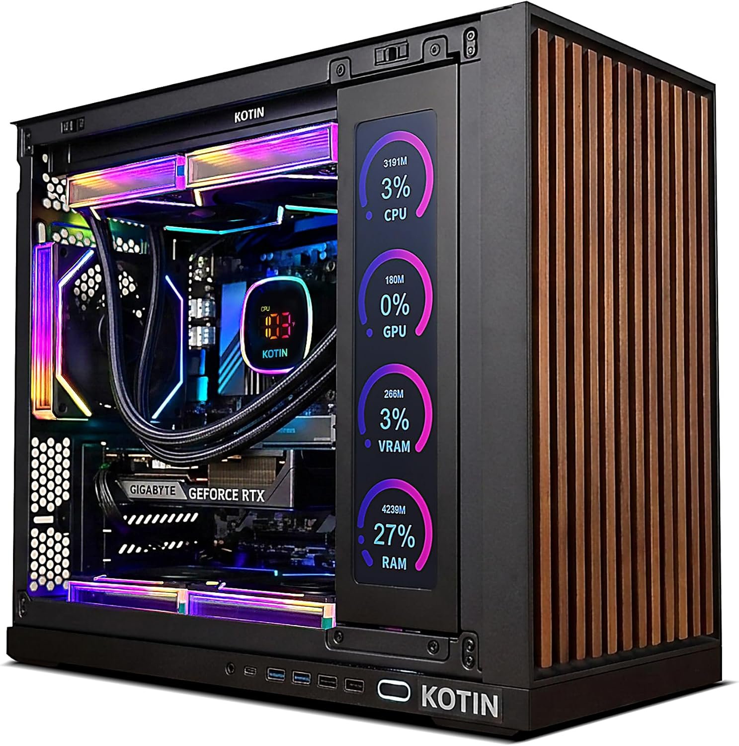 KOTIN Prebuilt Gaming PC Desktop Computer, Ryzen 7 9700X, GeForce RTX 5060 8GB, 16GB DDR5 6000MHz, 1TB PCIe 4.0 SSD, 11.3″ Display, 360mm Liquid Cooler, WiFi 7, Windows 11 Home, ARGB Gaming Tower G60B