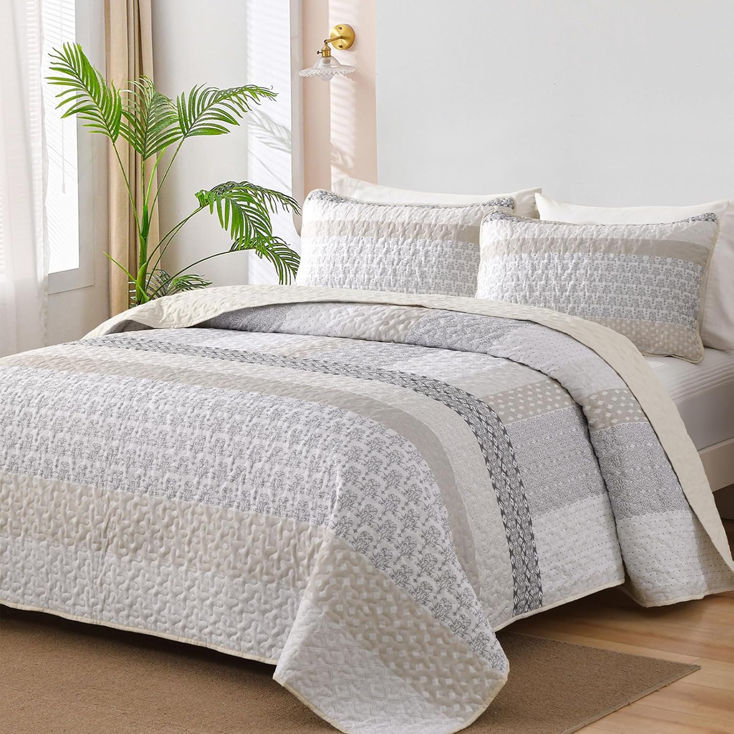 WONGS BEDDING Beige Quilt Queen Size, Bohemian Stripe Quilt Sets 3 Pieces Beige Boho Quilted Bedspread Set Lightweight Microfiber Coverlet Bedding Set All Season (96″x90″)