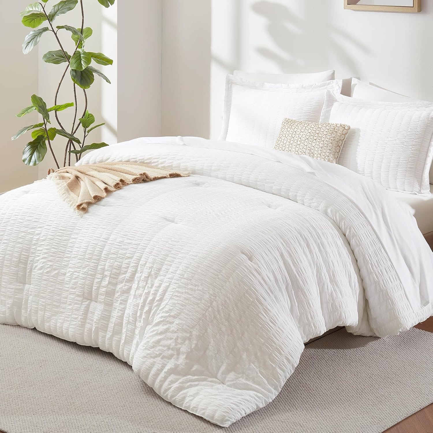 CozyLux King Size Comforter Set White, 7 Pieces Seersucker Textured Luxury Bed in a Bag, All Seasons Soft Bedding Sets with Down Alternative Comforter, Sheets, Pillowcases & Shams, Home Gift