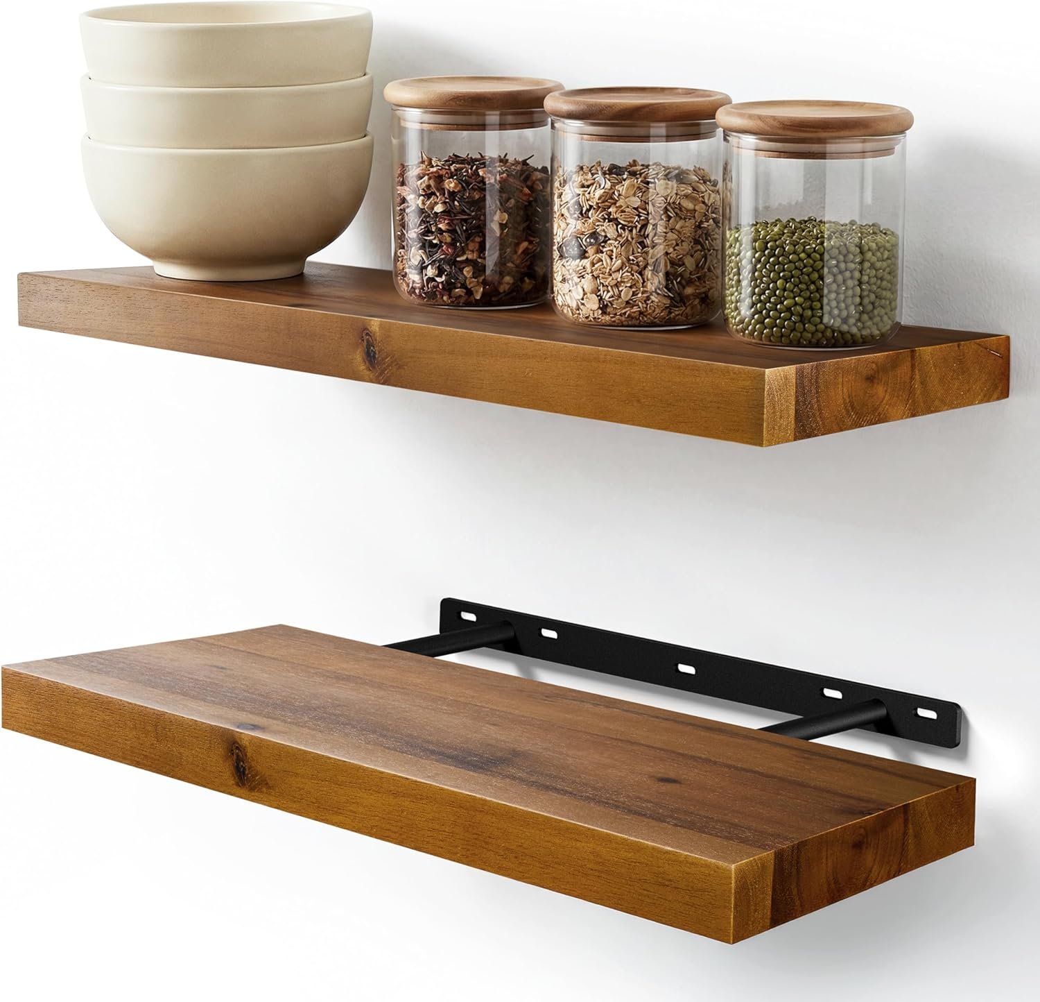 BATODA Set of 2 17″ Acacia Wood Floating Shelves Wall Mounted – Rustic Farmhouse Wooden Wall Storage Shelf for Bedroom, Kitchen, Home Décor – Brackets and Shelving Mounting Hardware Included