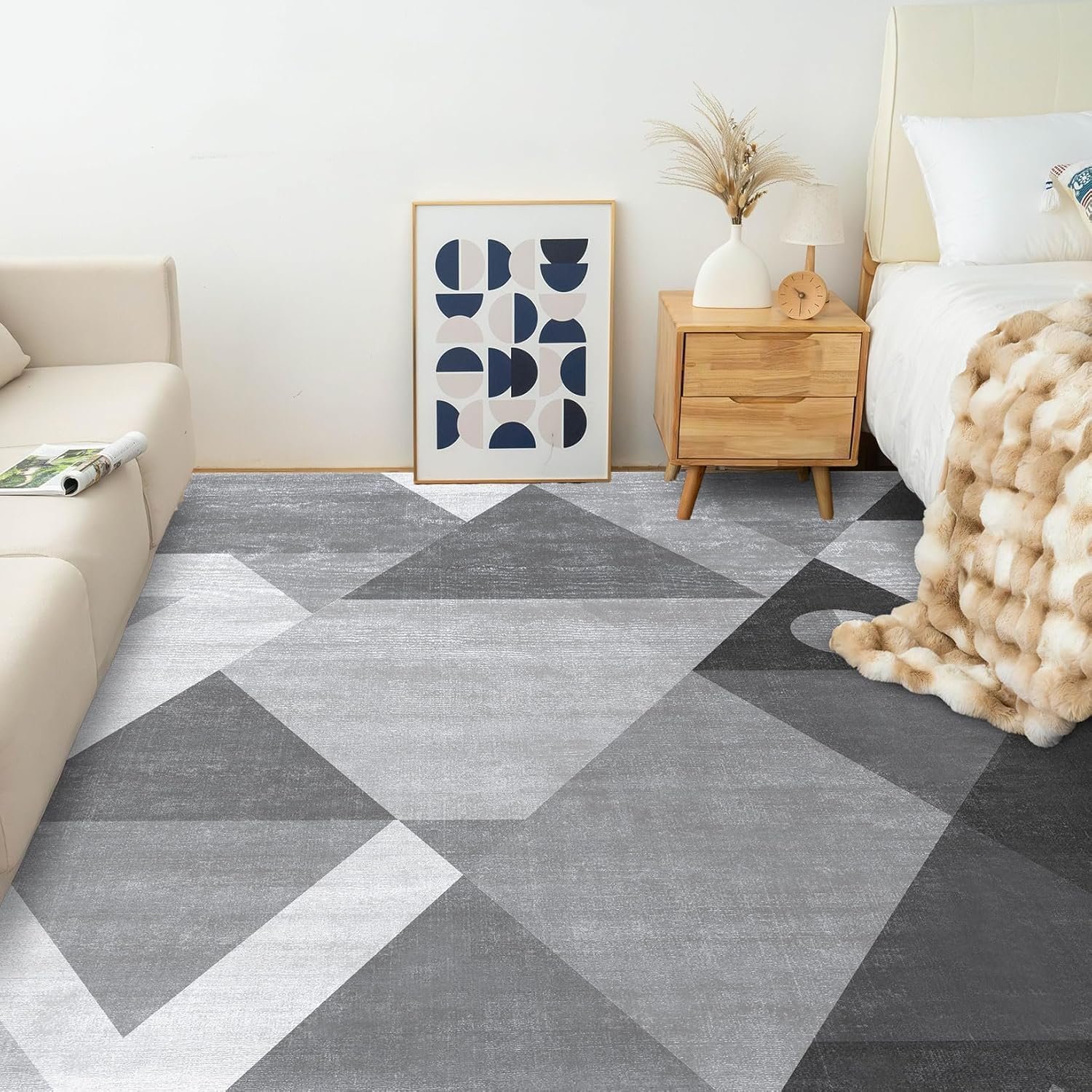 HOMFINE Washable Modern Area Rug – Geometric Style 5×7 Rugs for Living Room, Bedroom, Machine Washable Rug Soft Non Slip Non Shedding Area Rug – Grey, 5’x7′