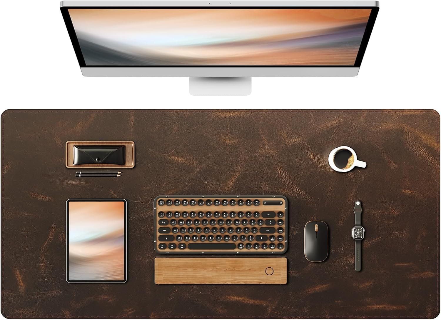 YSAGi Leather Desk Mat, 35.4″x17″Real Leather Desk Pad,2mm Thick Desk Blotter with Stiched line,Oil-Wax Feel Mouse pad and Self-Healing Laptop Pad for Home & Office(Classic Dark Brown)