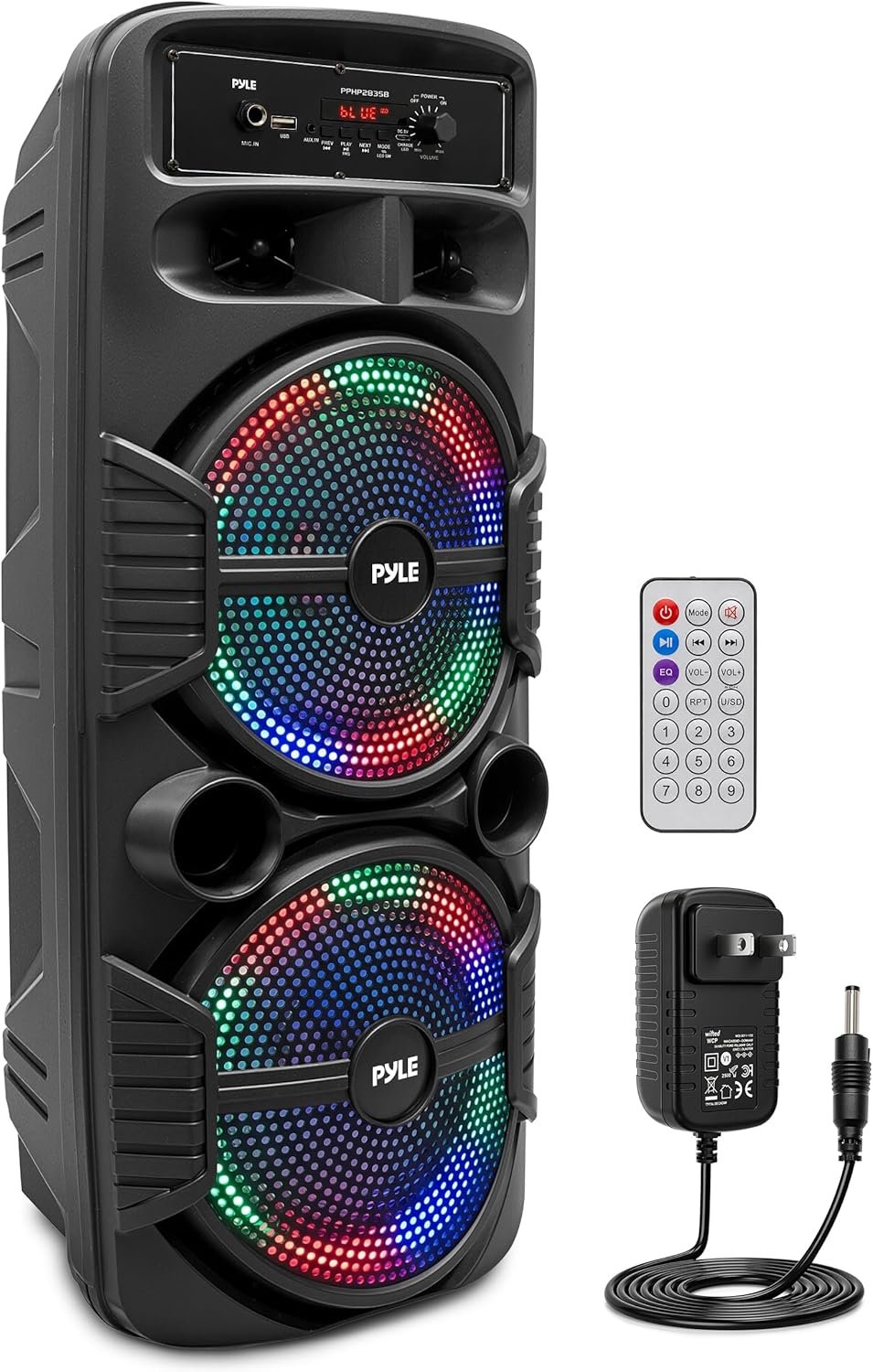 Pyle Portable Bluetooth PA Speaker System – 600W Rechargeable Outdoor Bluetooth Speaker Portable PA System w/ Dual 8” Subwoofer 1” Tweeter, Microphone In, Party Lights, USB, Radio, Remote – PPHP2835B