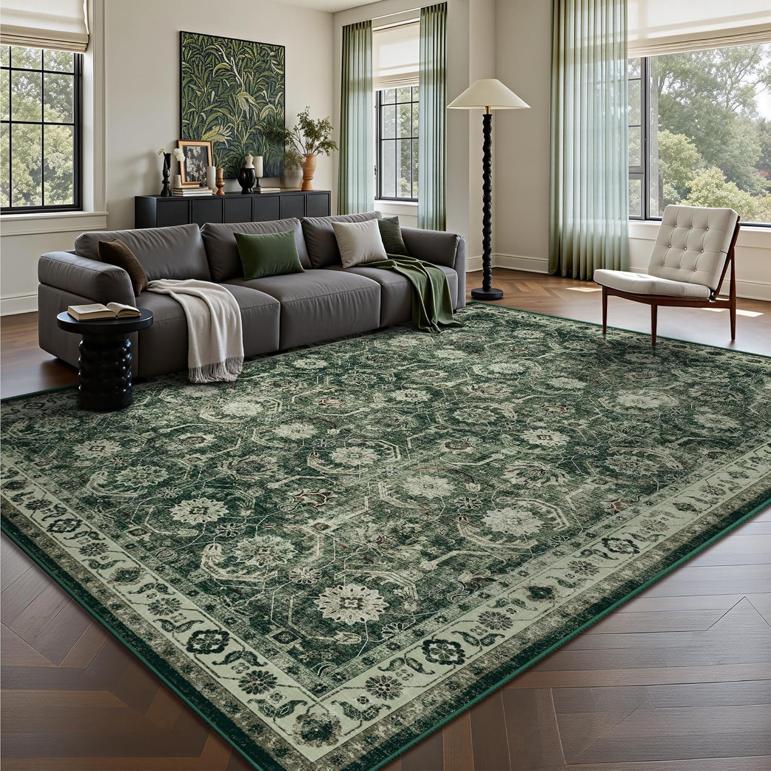 5×7 Area Rugs, Soft Non Slip Low Pile Washable Rug, Boho Modern Rug for Living Room, Bedroom, Dining Room, Sage Green
