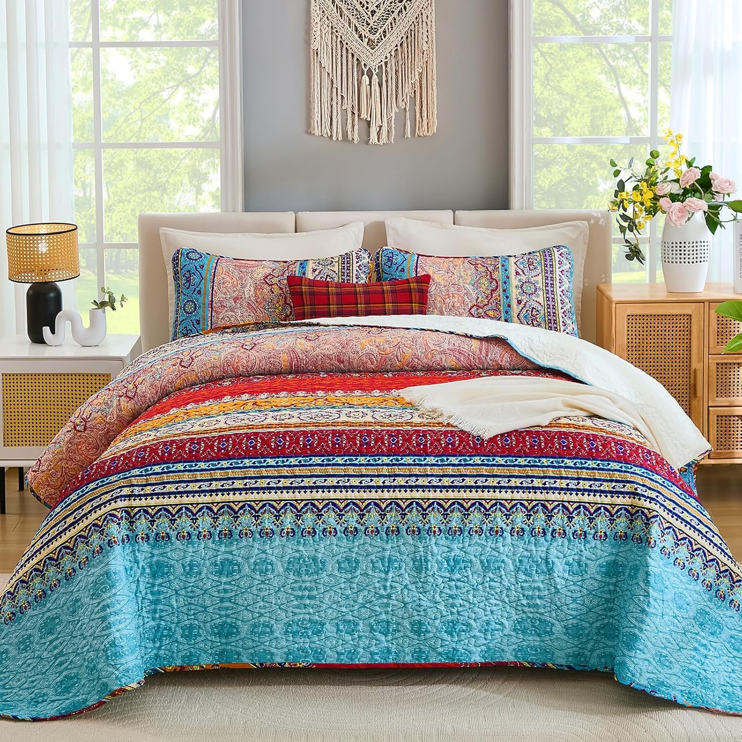 WONGS BEDDING Bohemian Quilt Set Queen Size, Boho Striped Pattern Bedspread Set for All Season, Microfiber Lightweight Coverlet Bedding Set 96″x90″(3 Pieces, Colorful)