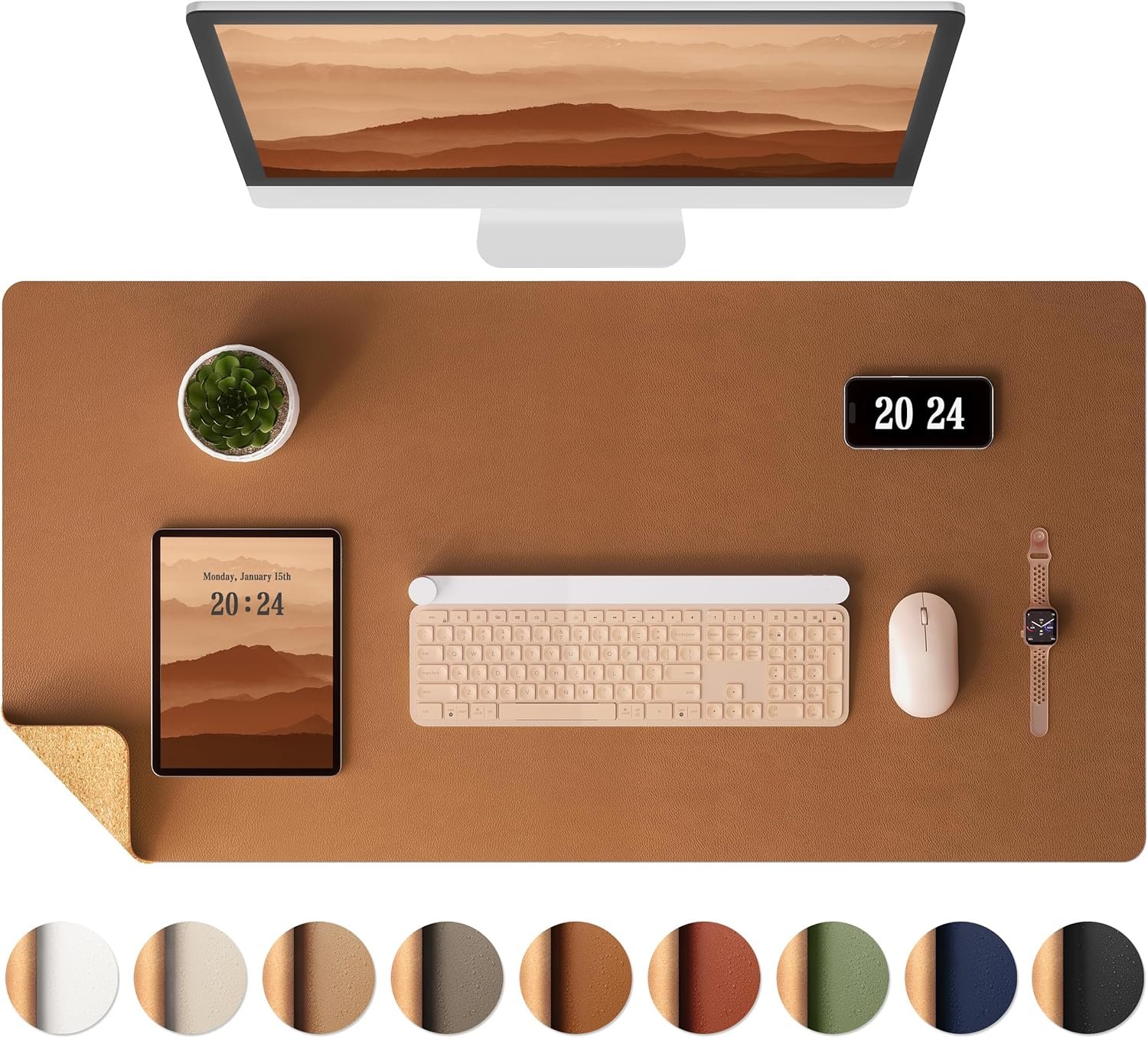 Aothia Double-Sided Desk Pad, Leather Desk Mat, Eco Cork Desk Pad Protector, Large Mouse Pad, Waterproof Desk Blotter Protector for Office/Home (25.6″x13.7″, Brown)