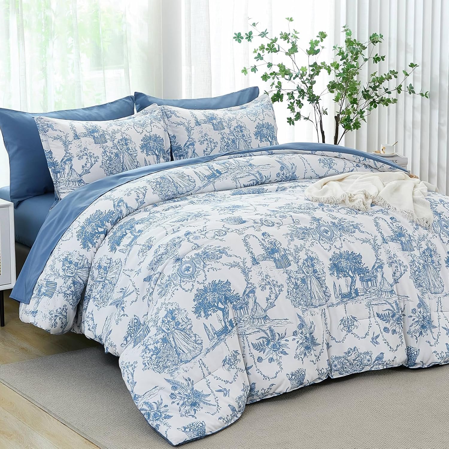 Blue Comforter Set King 7 Piece Bed in a Bag Toile de Jouy Botanical Comforter with Sheet Set Soft Micorfiber Bedding Set (1 Comforter,2 Pillow Shams,1 Flat Sheet,1 Fitted Sheet,2 Pillowcases)