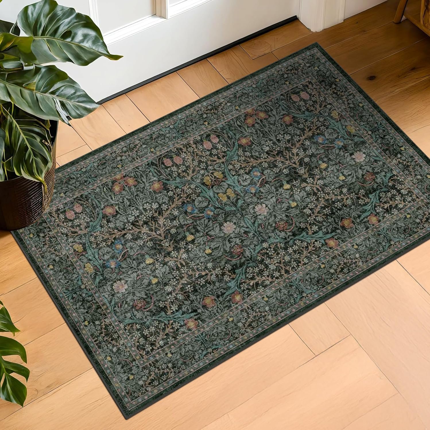 Dark Green Washable Entry Rug – Front Door Throw Rugs Indoor, Non-Slip Bathroom Small Rugs, Vintage Floral Thin Rug for Kitchen, Boho Entryway Décor (2×3 Dark Green)