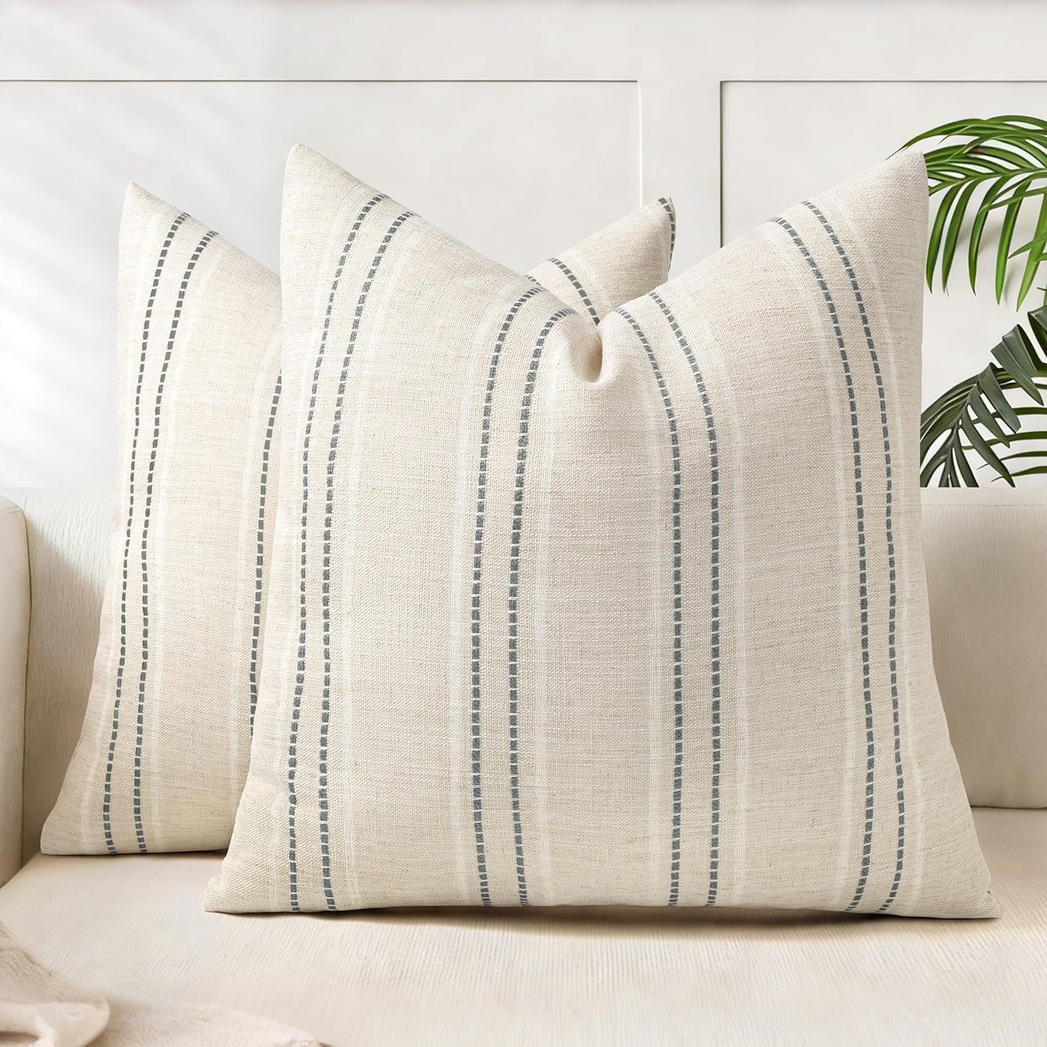 AELS 18×18 Decorative Farmhouse Linen Blend Throw Pillow Covers, Boho Textured Pillow Case, Set of 2, Beige with White & Gray Stitch Yarn Dyed Stripe Cushion Cover for Sofa Living Room (Cover ONLY)