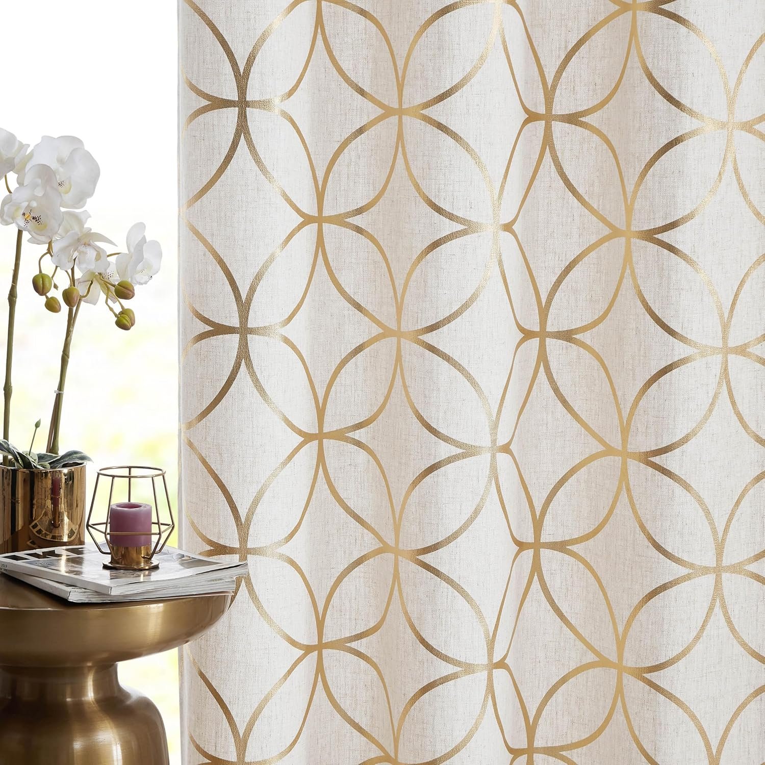 SXZJTEX Gold Foil Print Linen Curtains Metallic Moroccan Cream Semi Sheer Curtains 84 Inches Long for Bedroom Living Room Geometric Pattern Window Treatments,Grommet Top,2 Panels,55″ W x 84″ L