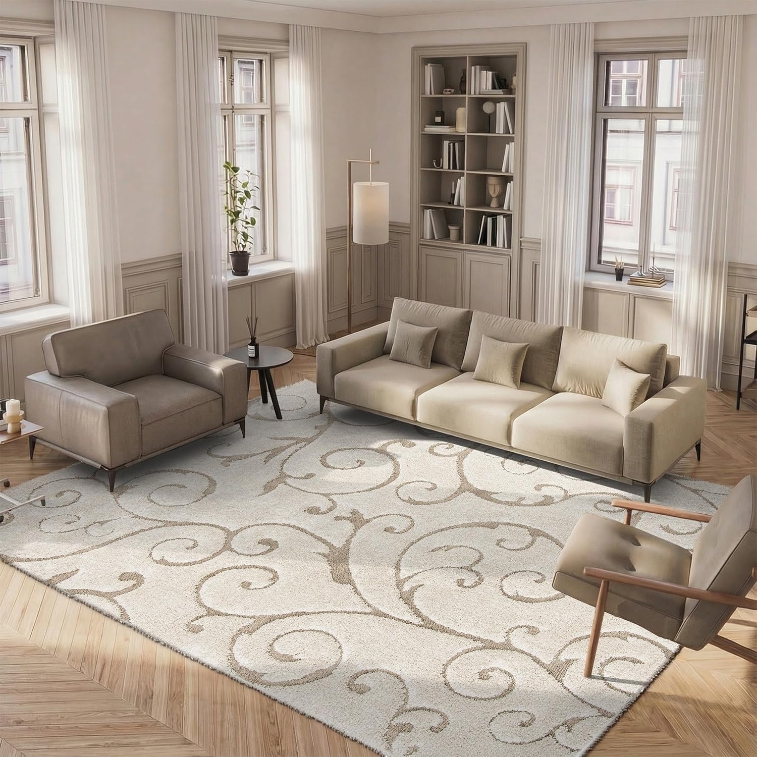 SAFAVIEH Florida Shag Collection Area Rug – 5’3″ x 7’6″, Cream & Beige, Scroll Design, Non-Shedding & Easy to Clean, High-Low Plush Pile, Ideal for Living Room, Bedroom, Dining Space (SG455-1113)