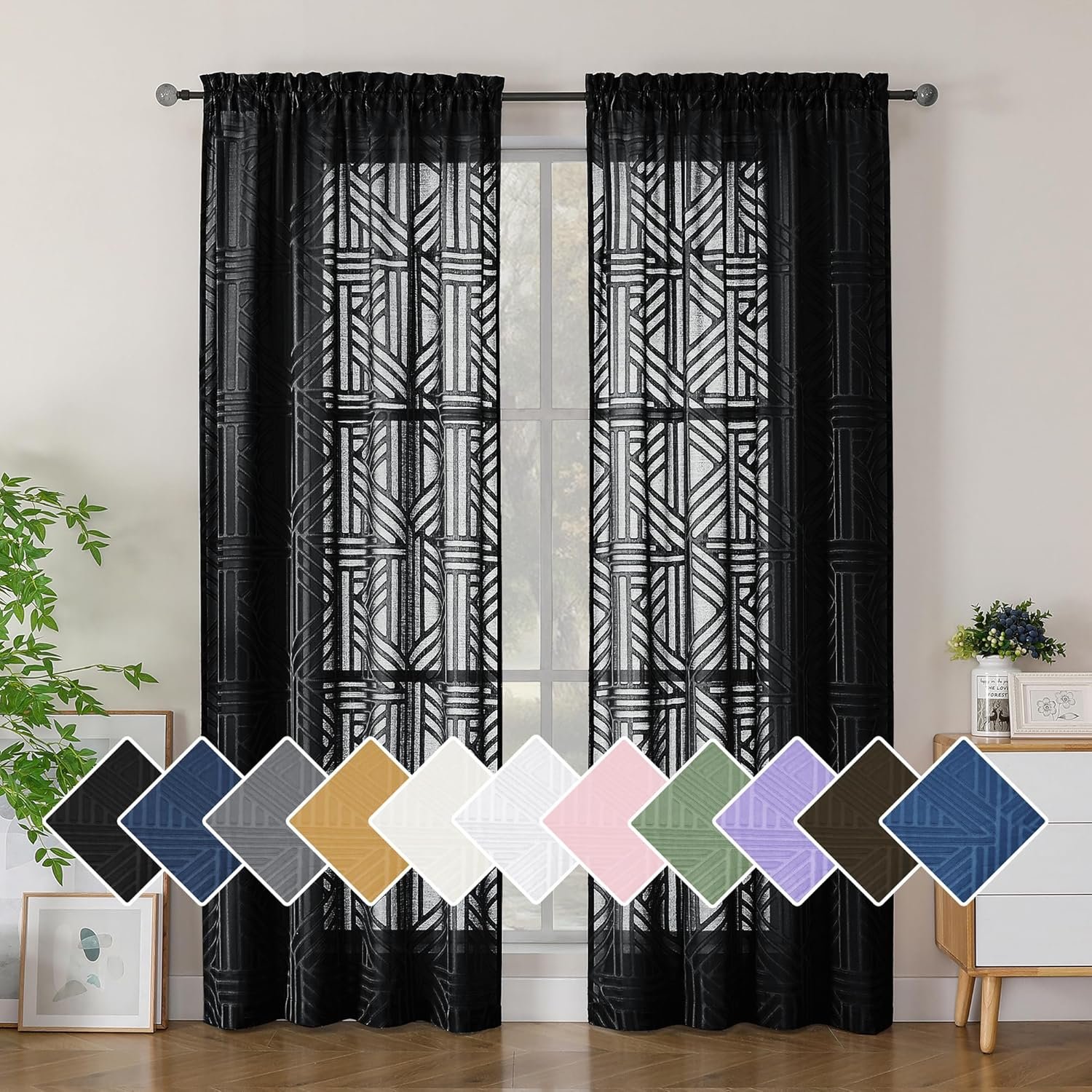 Simplebrand Black Semi Sheer Curtains 84 Inches Long 2 Panels, Light Filtering Geometric Jacquard Clip Textured Sheer Curtains for Bedroom, Modern Elegant Window Drapes, 42×84 inch