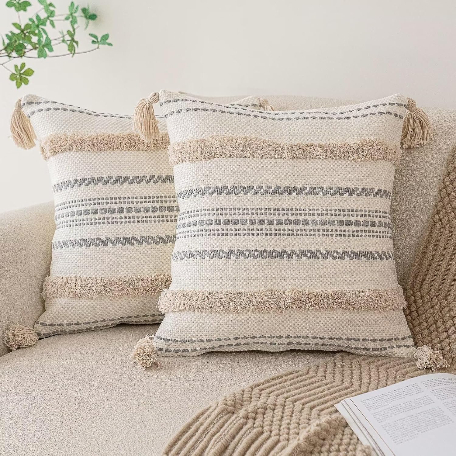 Boho Throw Pillow Covers 18×18 Set of 2 Woven Tufted Farmhouse Pillows Cover with Tassels Textured Striped Cushion Case Neutral Pillow Cases Decorative Pillowcase for Sofa, Couch, Bed, Khaki
