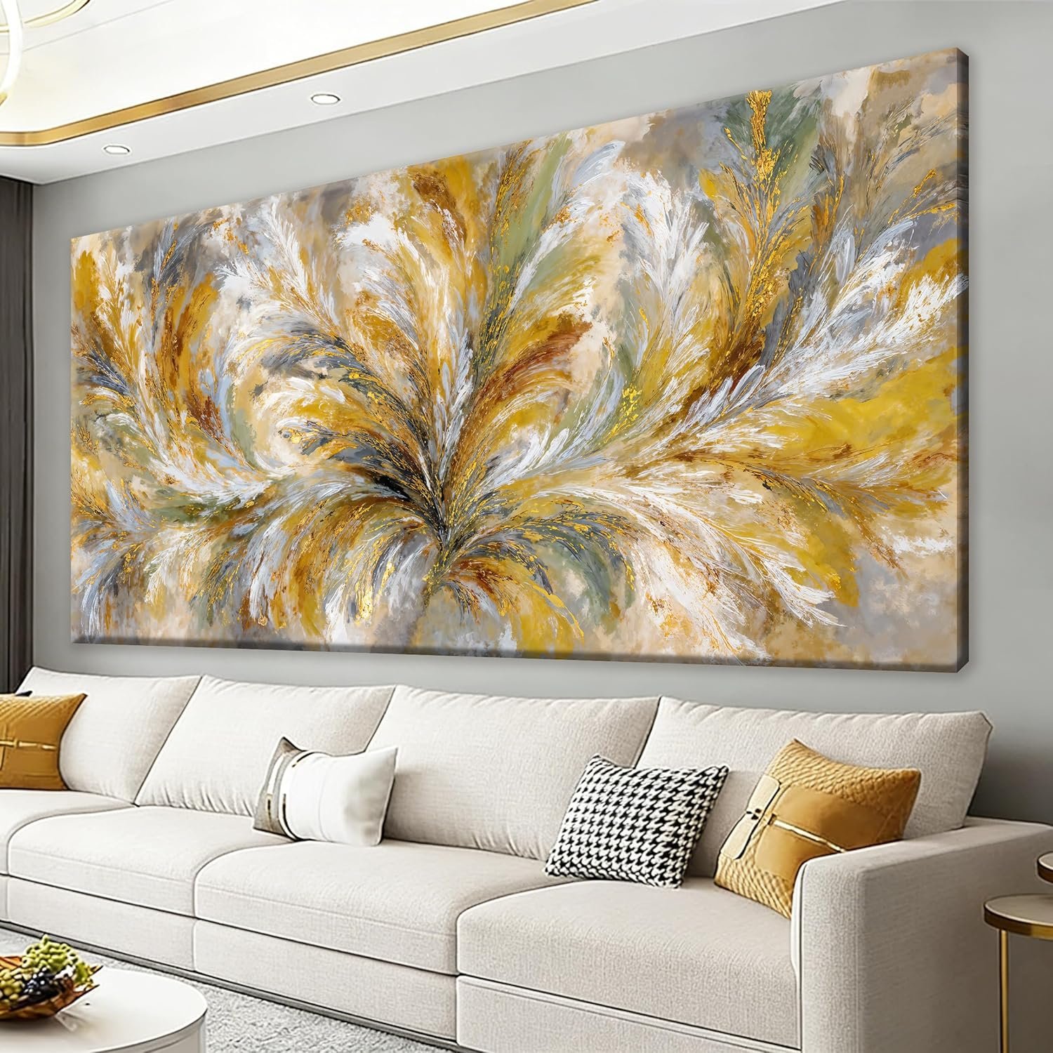 I@U Abstract Yellow White Feather Wall Art Decor Canvas Wall Art For Living Room Pictures For Bedroom Wall Decor Bathroom Office Kitchen Modern Abstract Feather Artwork For Walls 20×40 Inch