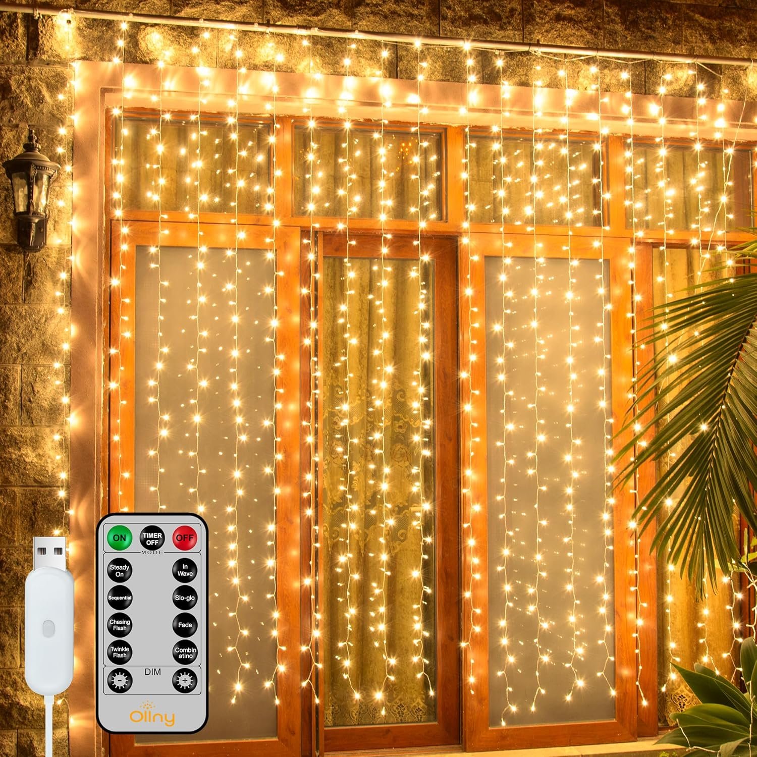 Ollny Curtain Lights 6.6×6.6ft, 200 LED String Lights with Remote 8 Modes Dimmable Timer, USB Power Fairy Light for Bedroom Backdrop Indoor Wall Window Christmas Decorations, Warm White