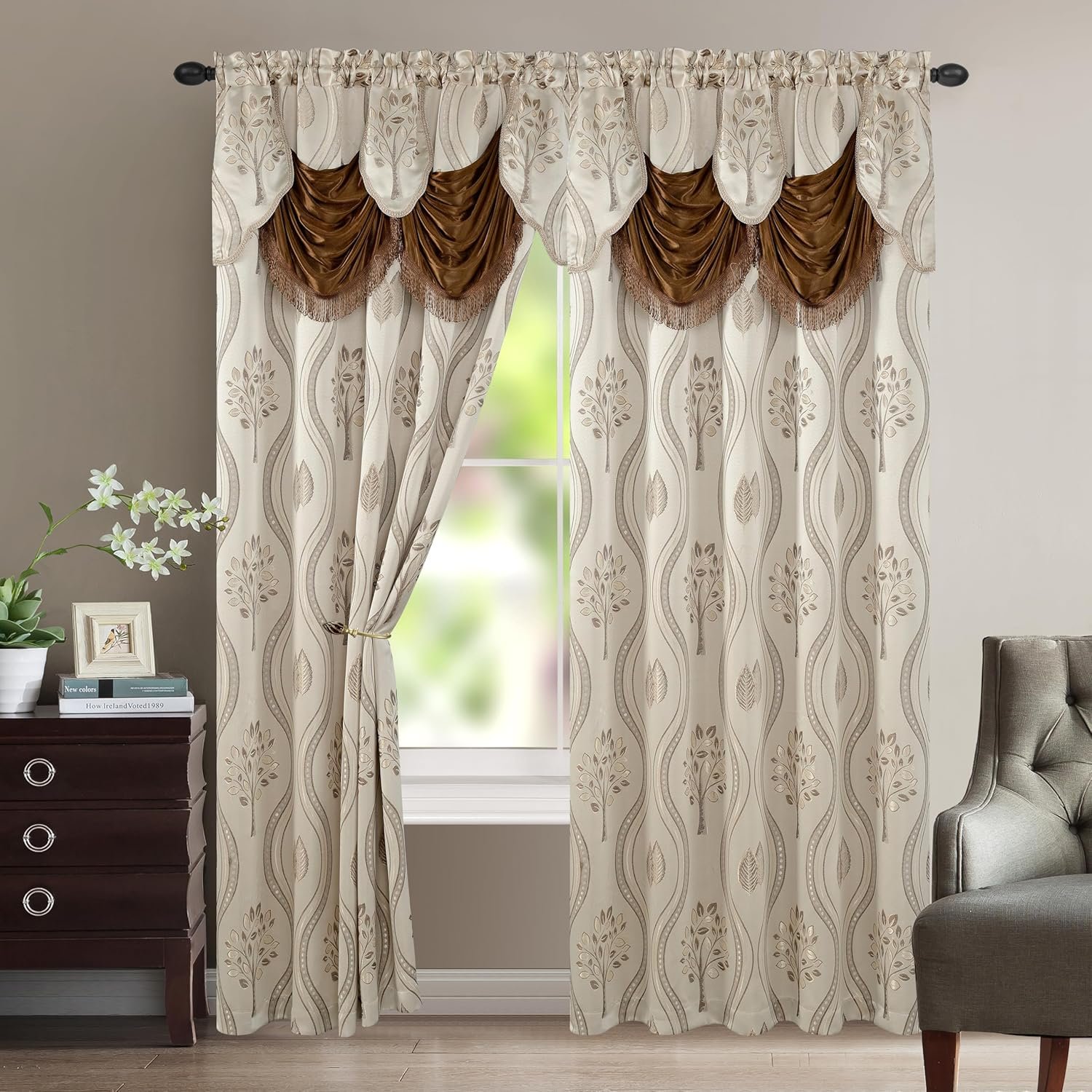 Elegant Comfort Luxurious Beautiful Curtain Panel Set with Attached Valance and Backing 54″ X 84 inch (Set of 2), Beige