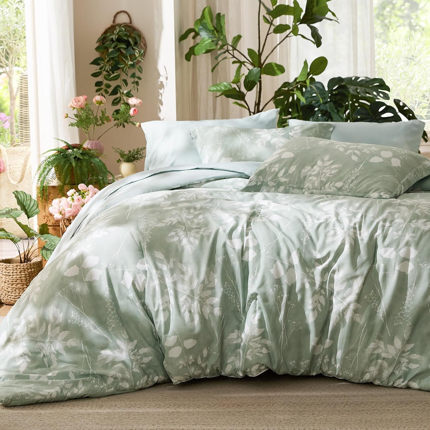 Bedsure King Size Comforter Set – 7 Pieces Floral Sage Green GentleSoft™ Bedding Sets, King Bed in a Bag with Botanical Flowers Winter Comforter, Sheets, Pillowcases & Shams