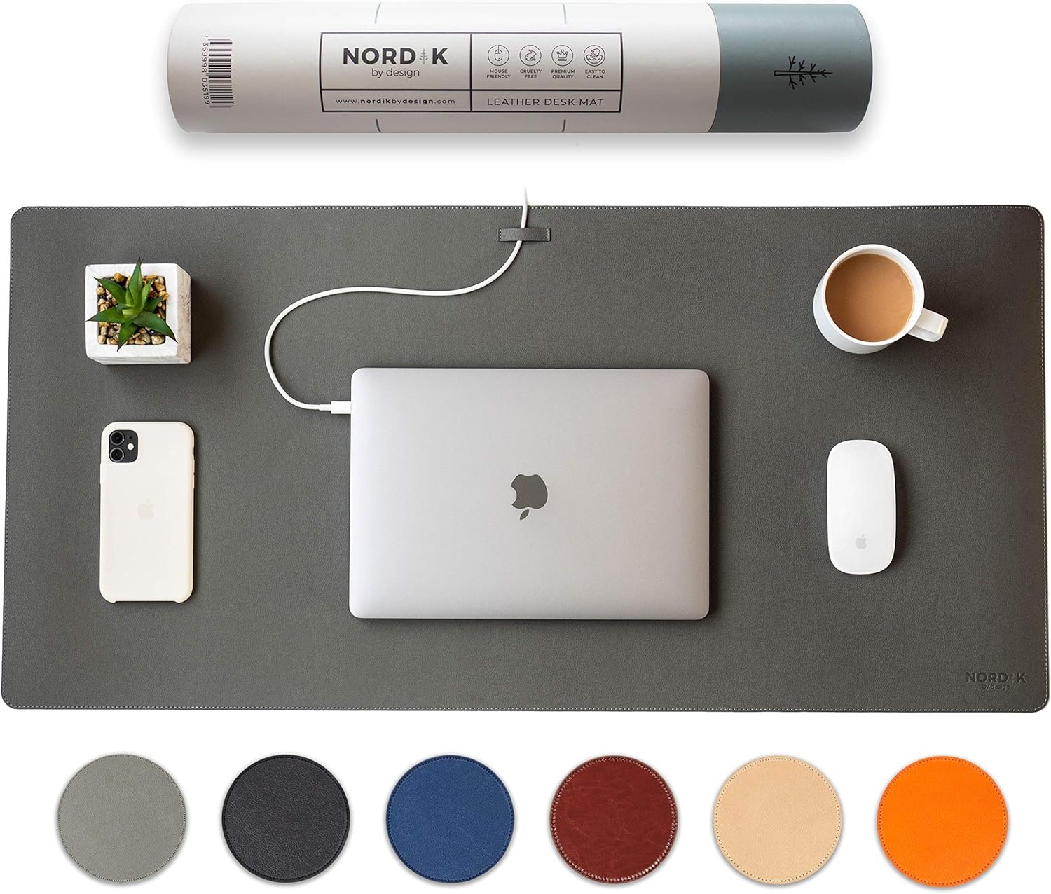 Nordik Leather Desk Mat Cable Organizer – Alaskan Gray 35 X 17 inch – Premium Extended Mouse Mat for Home Office Accessories – Non-Slip Vegan Leather Desk Pad Protector & Desk Blotter Pad