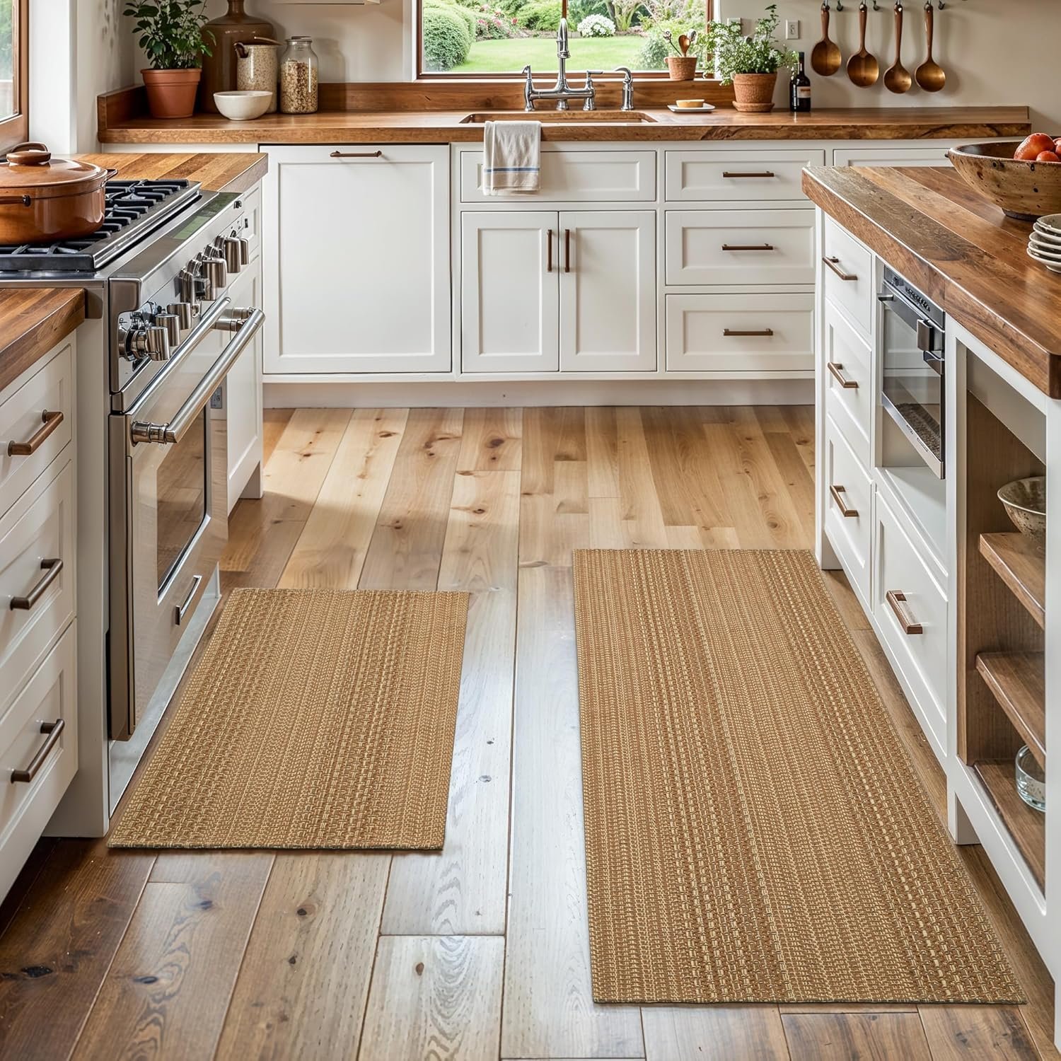 MatEssenz Cotton Blend Kitchen Rug Set 2 Piece, American Country Woven Runner Rug and Doormat, 20″x48″+20″x30″, Rustic Farmhouse Washable Area Rugs for Kitchen, Laundry, Entryway
