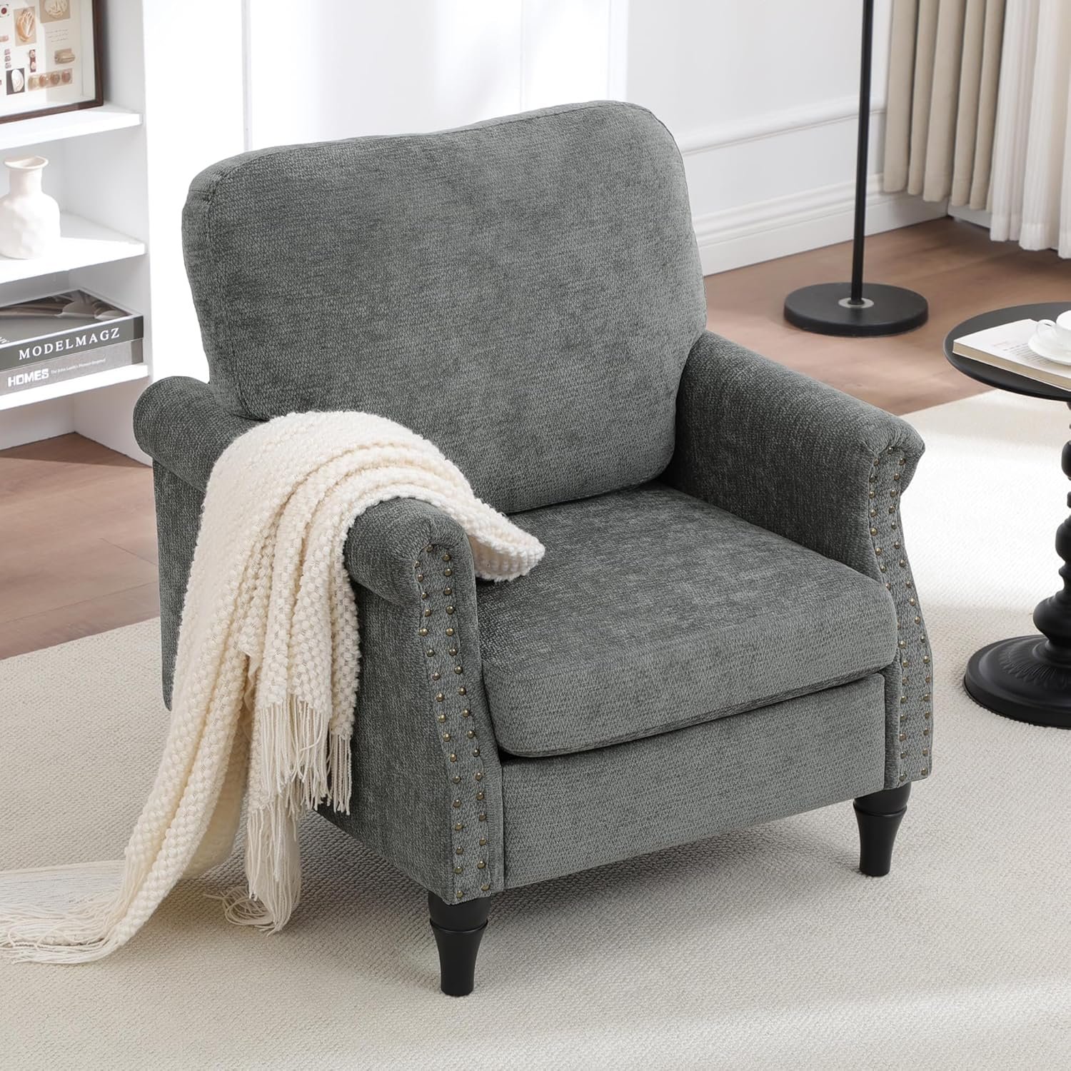 Accent Chair for Living Room, Modern Mid Century Reading Chair Armchair High Back Upholstered Armchair with Wooden Legs for Living Room Bedroom Office (LIGHTGREY, 1PCS)