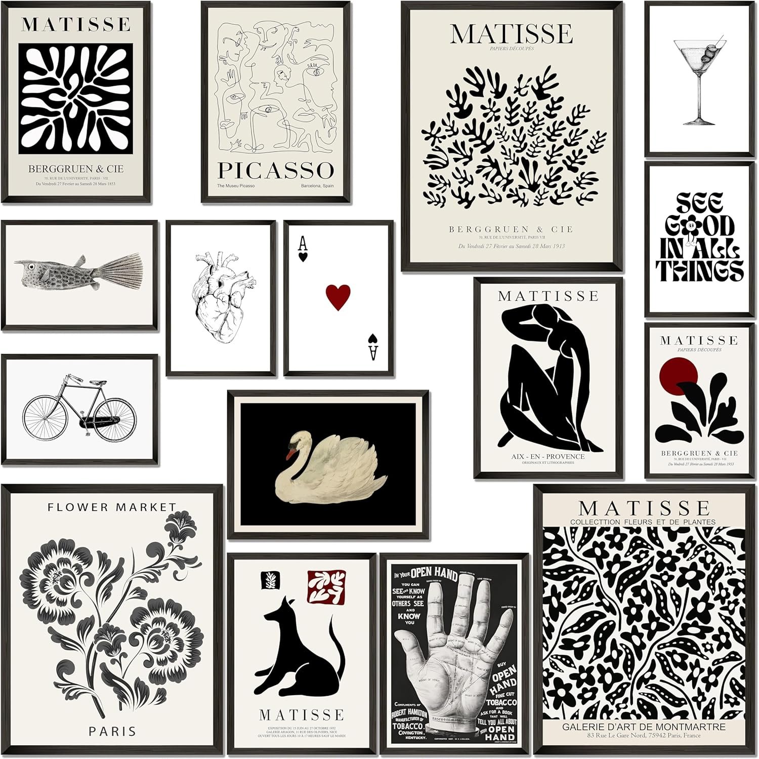 LANCHI95 16 PCS Black and White Home Decor, Eclectic Wall Art, Minimalist Posters for Living Room Aesthetic, Matisse Abstract Gallery Wall Prints for Bedroom, Collage Kit Pictures (UNFRAMED, Black Eclectic 1)
