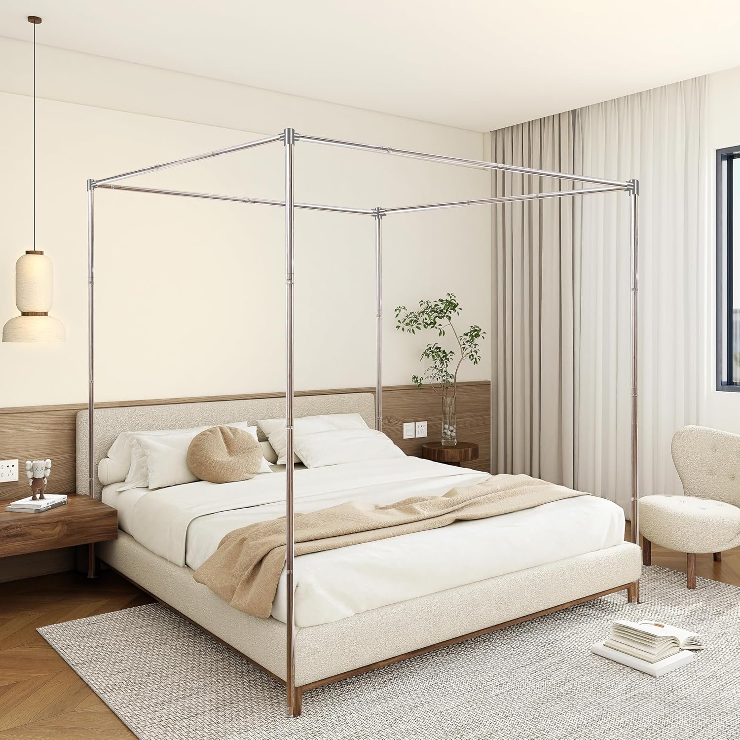 Canopy Bed Frame King Size Stainless Steel Canopy Poles for Bed, Canopy Bed Curtains King Bed Canopies & Drapes for 4 Corner Metal Bed Wood Bed Bedroom Decor