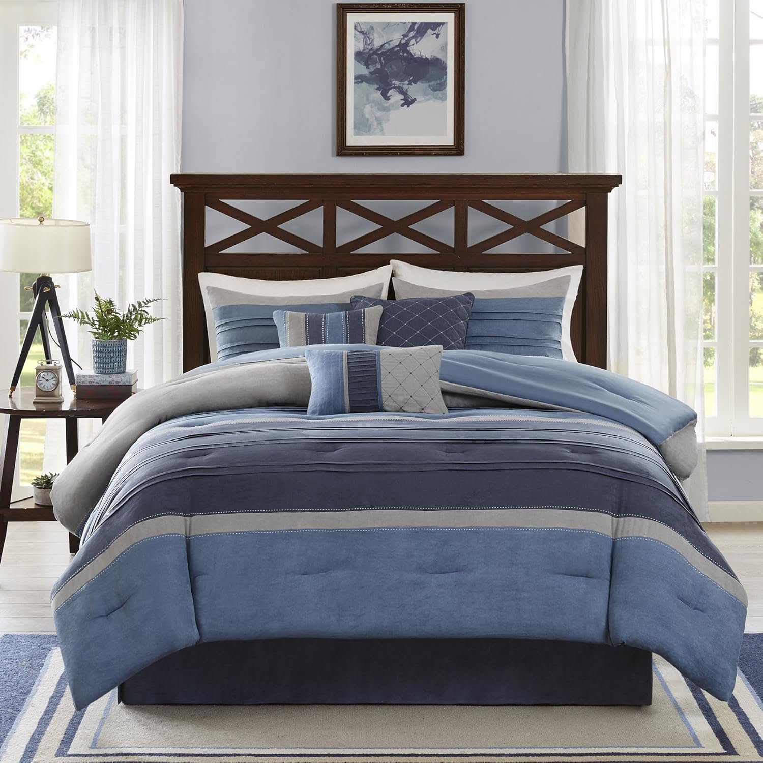 Madison Park Cozy Comforter Set Casual Modern Design – All Season Bedding, Matching Bed Skirt, Decorative Pillows, Collins, Suede Blue Grey King(104″x92″) 7 Piece