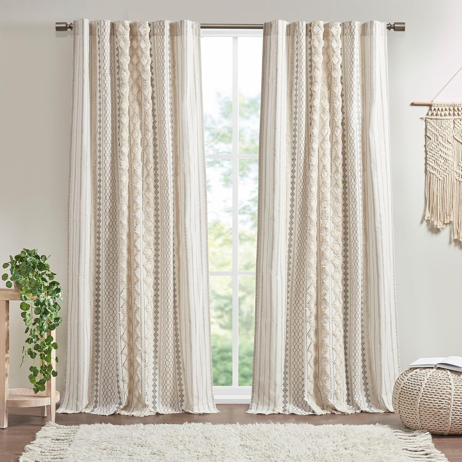 INK+IVY Imani 100% Cotton SINGLE PANEL Curtain Tufted Chenille Stripe Geometric Print Mid-Century Look Rod Pocket Top Drape for Living Room, Privacy Window Treatment for Bedroom, 50″ x 84″, Ivory