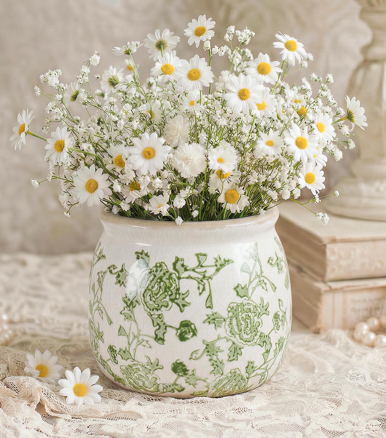 DREAMLOOM Vintage Ceramic Planter for Indoor Plants,6.1″ Ice Crack Cottage Scroll Vase Tuscan Decor Flower Pots with Drainage Holes Home Kitchen Farmhouse Antique Decorative Gift (Green-Round)