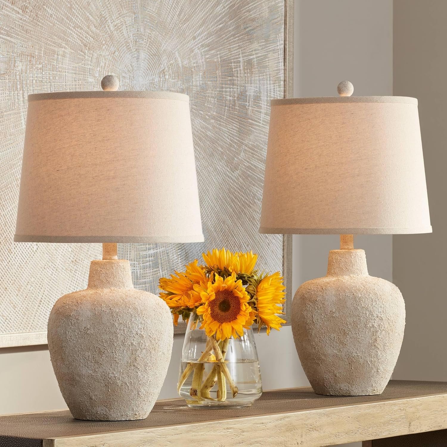 360 Lighting Romeo 23 1/2″ High Jar Small Farmhouse Rustic Natural Cottage Coastal Accent Table Lamps Set of 2 Beige Distressed Earth Tone Finish Shade Living Room Bedroom Bedside Nightstand
