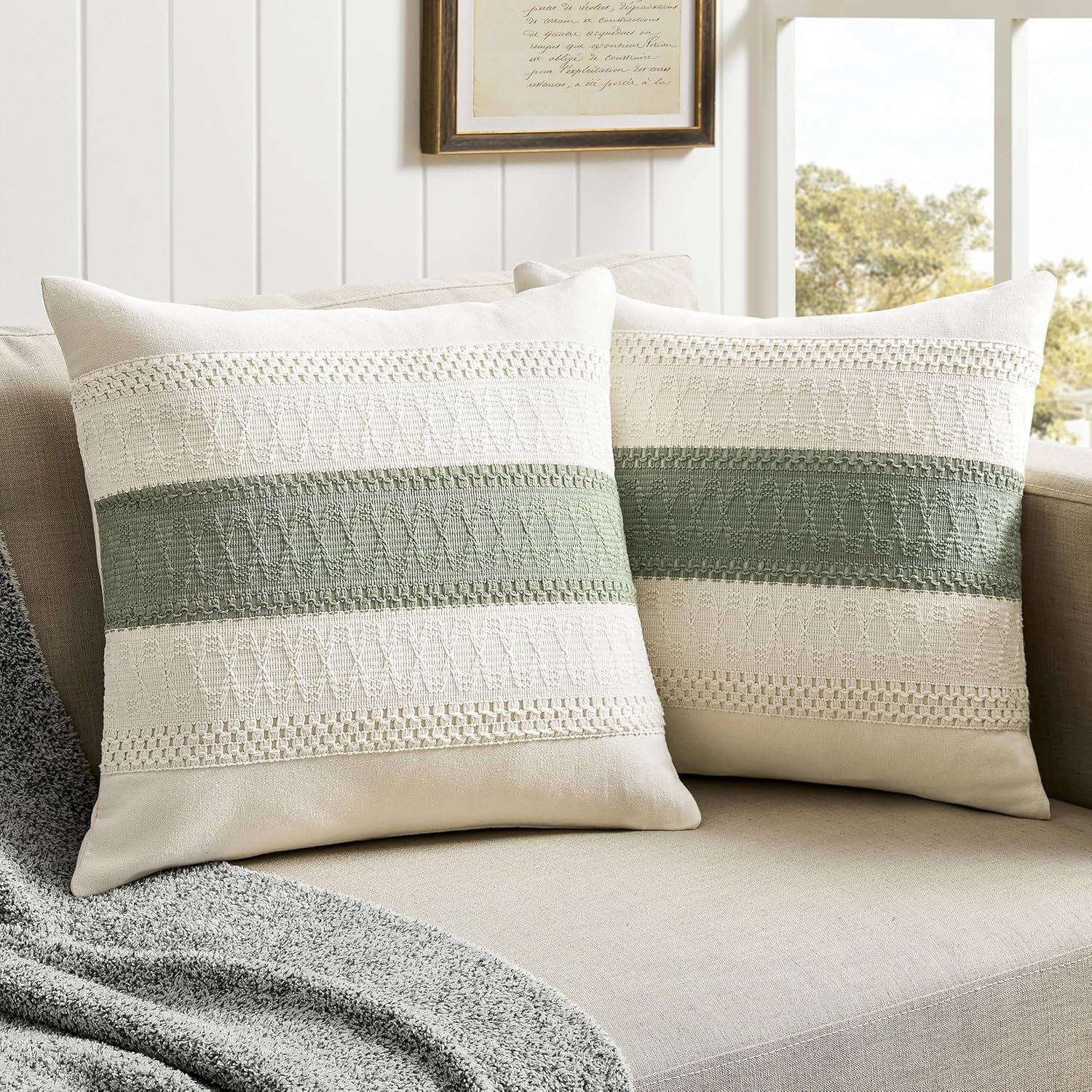 ZeeMart 2 Packs Cotton Boho Throw Pillow Covers 18×18 Inch Contrast Green, Soft Farmhouse Decorative Couch Pillow Cases Sage Green Cushion Covers for Sofa Bed Living Room Home Decor