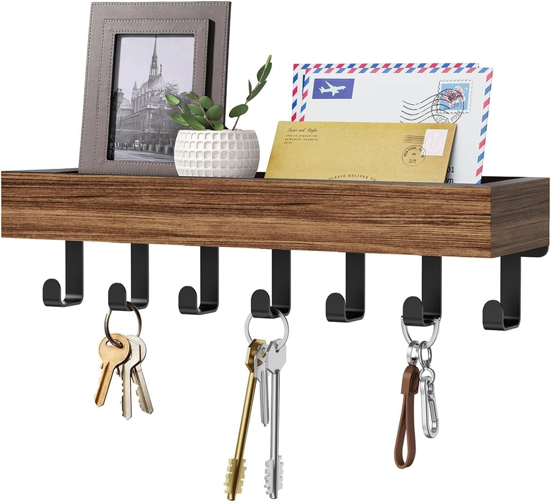 Key Holder Wall Mount Adhesive Magnetic – Hanging Key Hooks with Mail Organizer Tray for Wallet House – Keys Hanger Rack with Shelf for Camper Entryway Door Home Living Room Decor Large Rustic